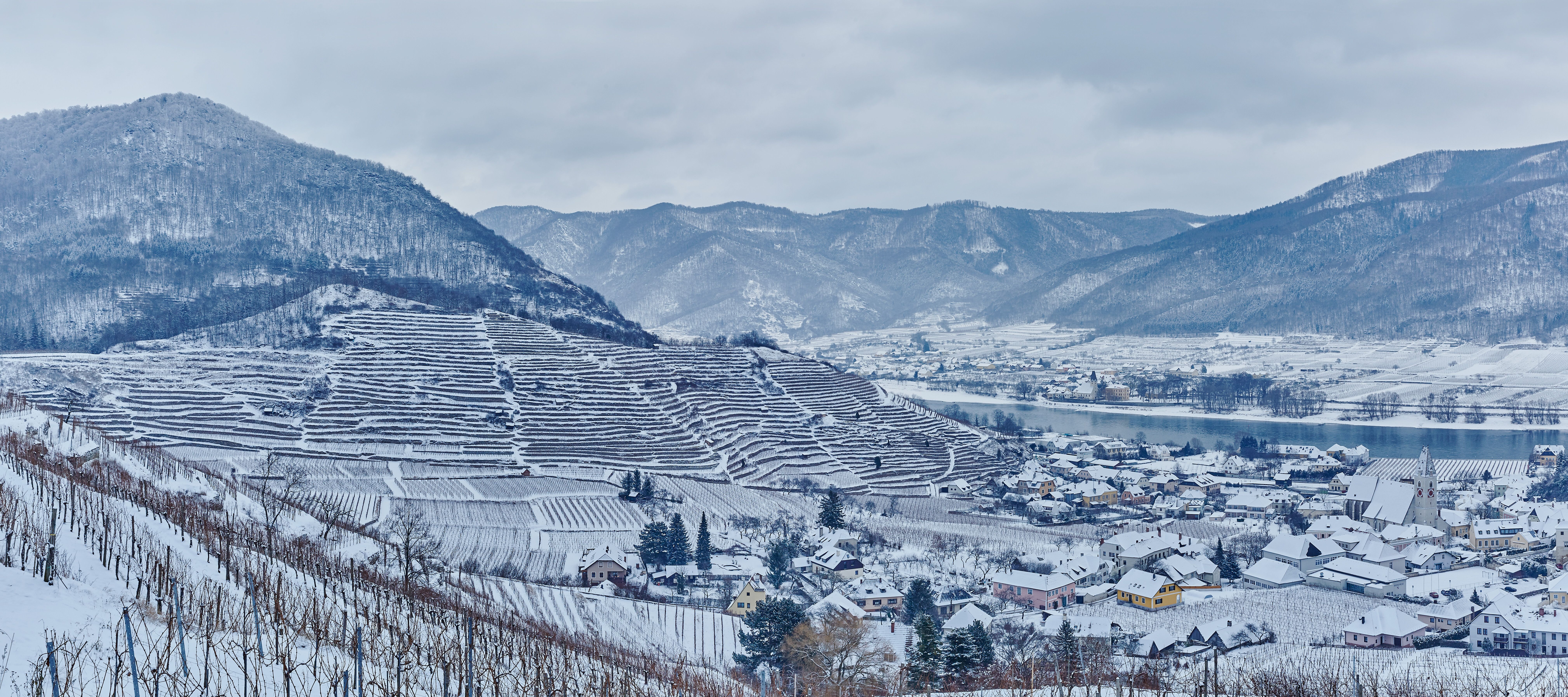 Die schneebedeckten Weinberge erstrecken sich sanft über die Hügel und bieten einen atemberaubenden Anblick. Die ruhige Donau spiegelt die winterliche Landschaft wider und lädt zu besinnlichen Spaziergängen ein. Hier, in der malerischen Wachau, entfaltet sich die Schönheit der Natur in ihrer reinsten Form.