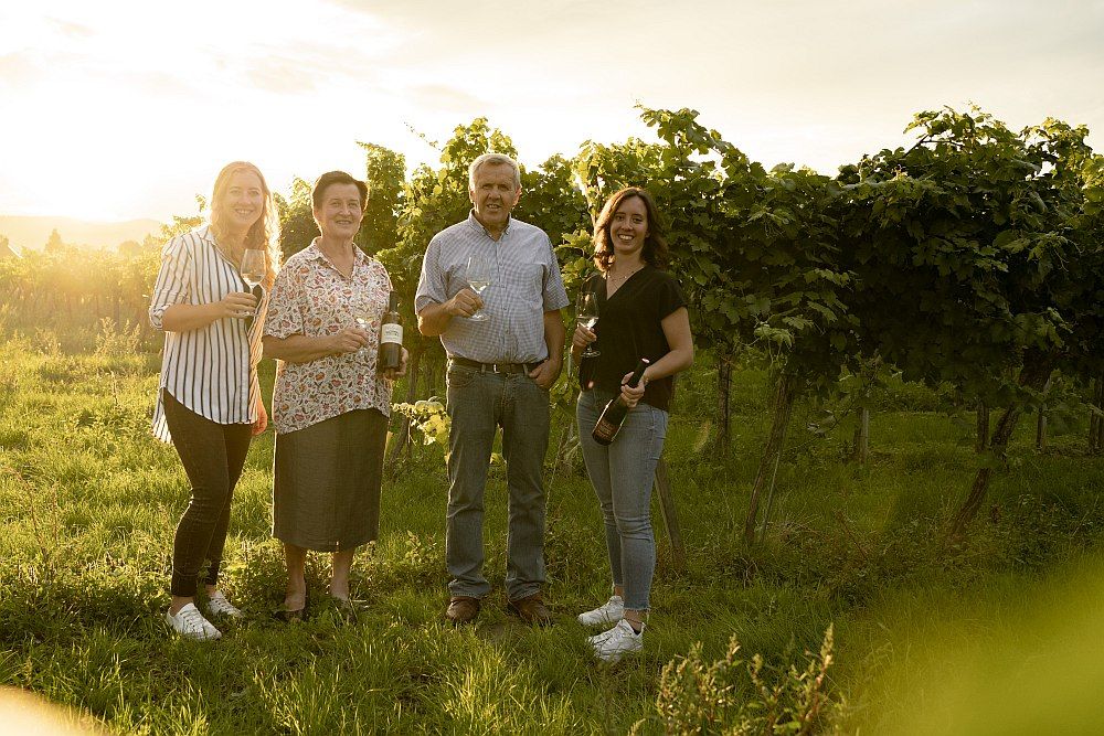 Four people are standing in a vineyard holding wine glasses and bottles.