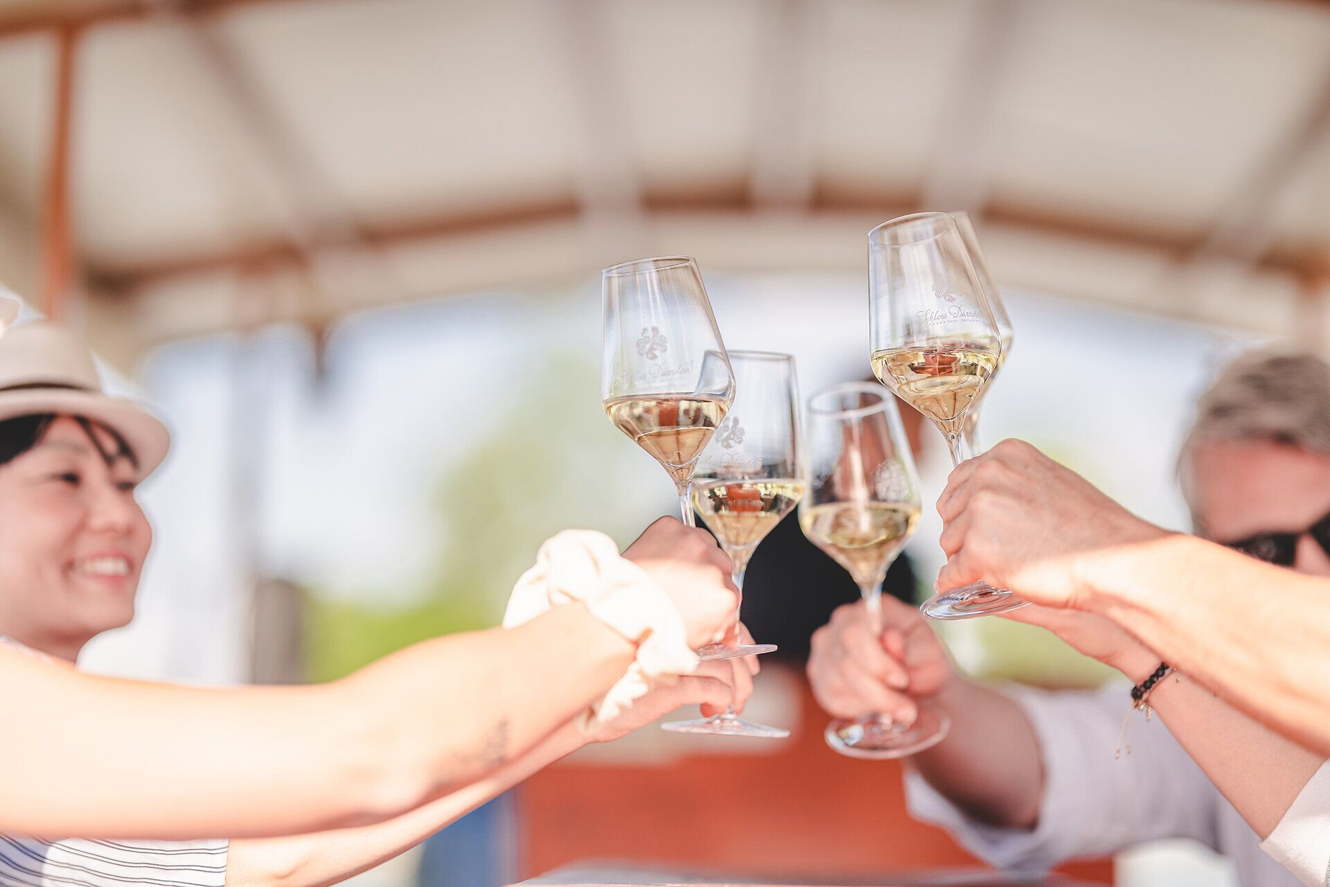 Mit vier Weißweingläser wird zu einem Prost angestoßen.