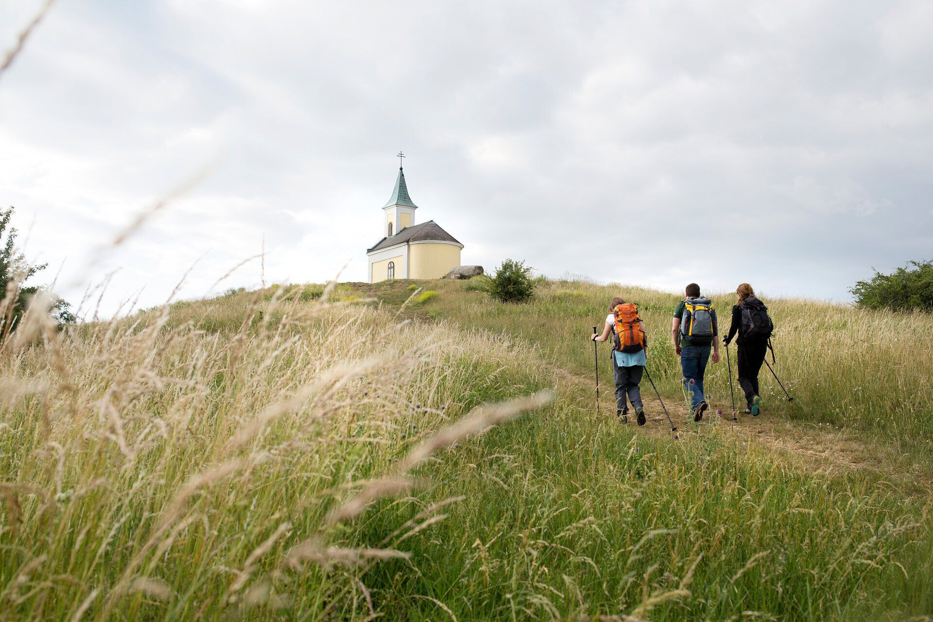 Wanderer durchqueren die sanften Hügel, umgeben von hohen Gräsern, die im Wind wiegen. Die kleine Kapelle auf dem Hügel strahlt Ruhe und Spiritualität aus und lädt dazu ein, einen Moment innezuhalten und die atemberaubende Aussicht zu genießen.