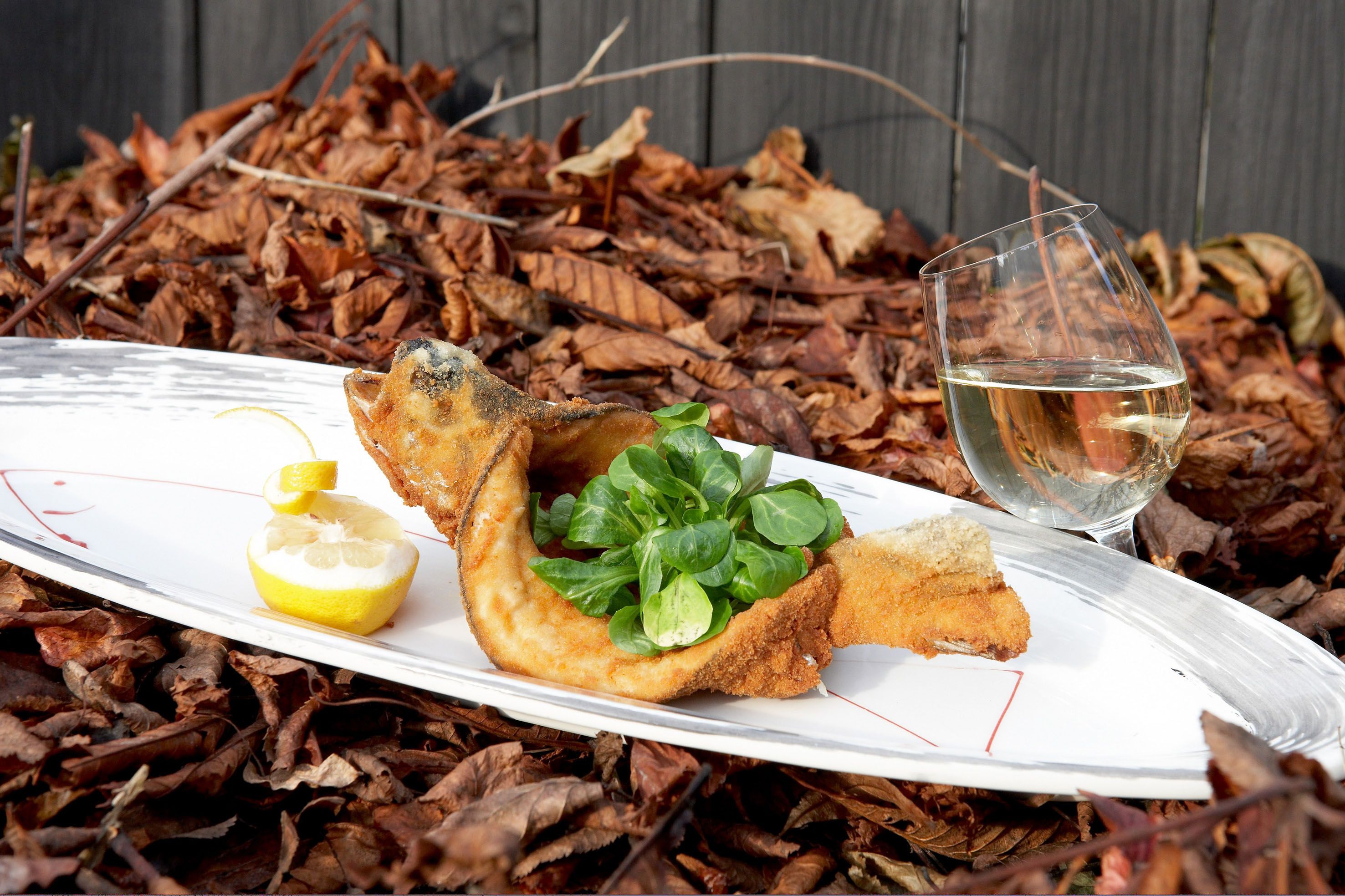 Gebratener Fisch mit Feldsalat und Zitrone auf einem Teller, daneben ein Glas Weißwein, auf einem Bett aus Herbstlaub.