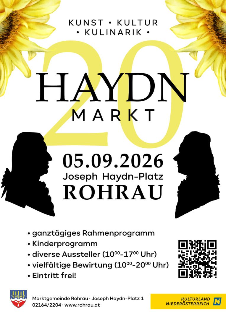 Ein Plakat mit Text und Sonnen-Blumen, sowie den Silhouetten von Haydn