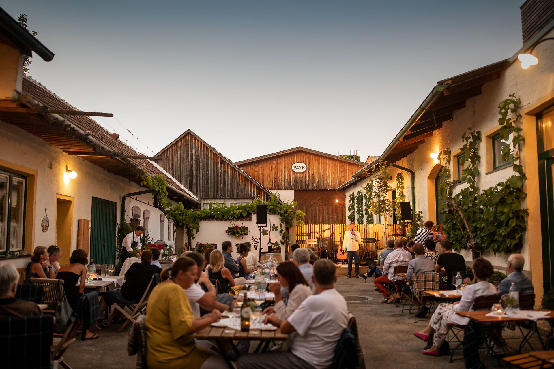 In einer malerischen Kulisse genießen Gäste den Abend unter freiem Himmel, umgeben von üppigem Grün und sanften Weinbergen. Die Atmosphäre ist lebhaft und einladend, während die Klänge von Musik und fröhlichem Lachen die Luft erfüllen. Ein perfekter Ort, um die regionalen Köstlichkeiten und die Gastfreundschaft der Winzer zu erleben.