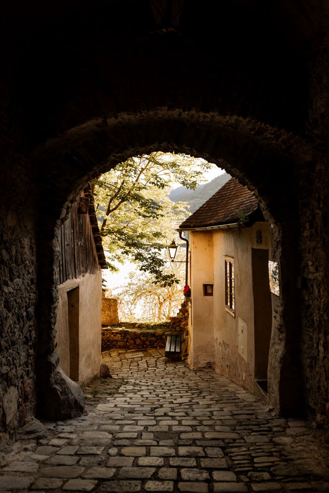 Ein gepflasterter Weg führt durch einen steinernen Torbogen zu einem sonnigen Hof mit Bäumen und einem alten Gebäude.