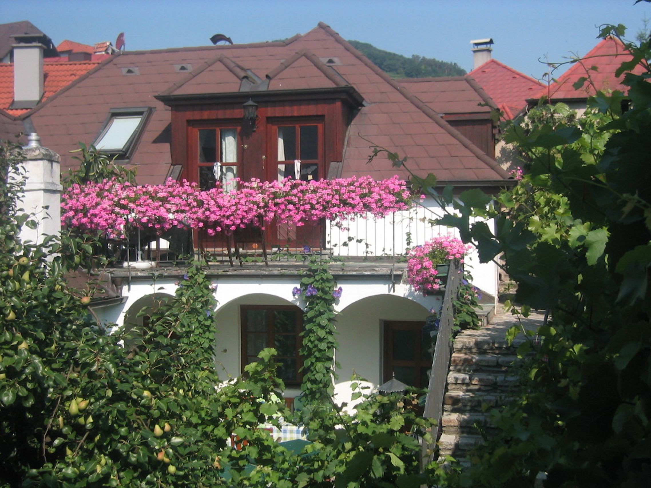 Ein Gästehaus mit einem Balkon voller rosa Blumen, umgeben von grüner Vegetation.