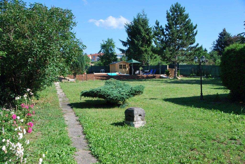 Garten mit Rasen, Bäumen und einem kleinen Weg, der zu einem Holzhaus führt.