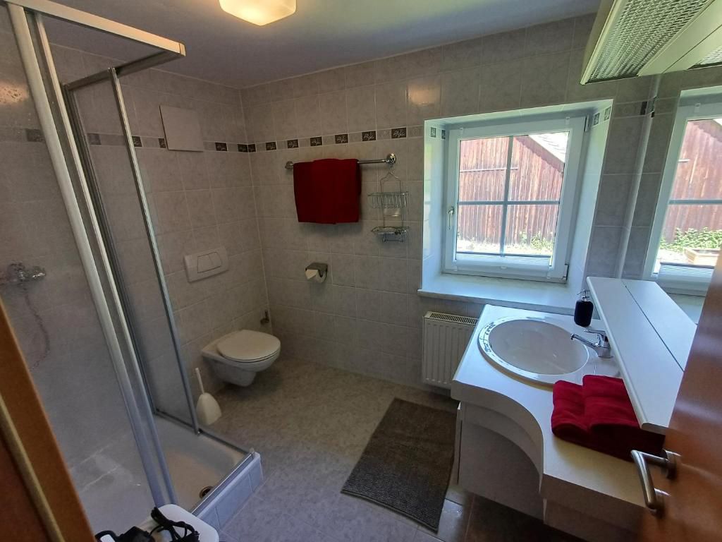 Modernes Badezimmer mit Dusche, WC und Waschbecken.