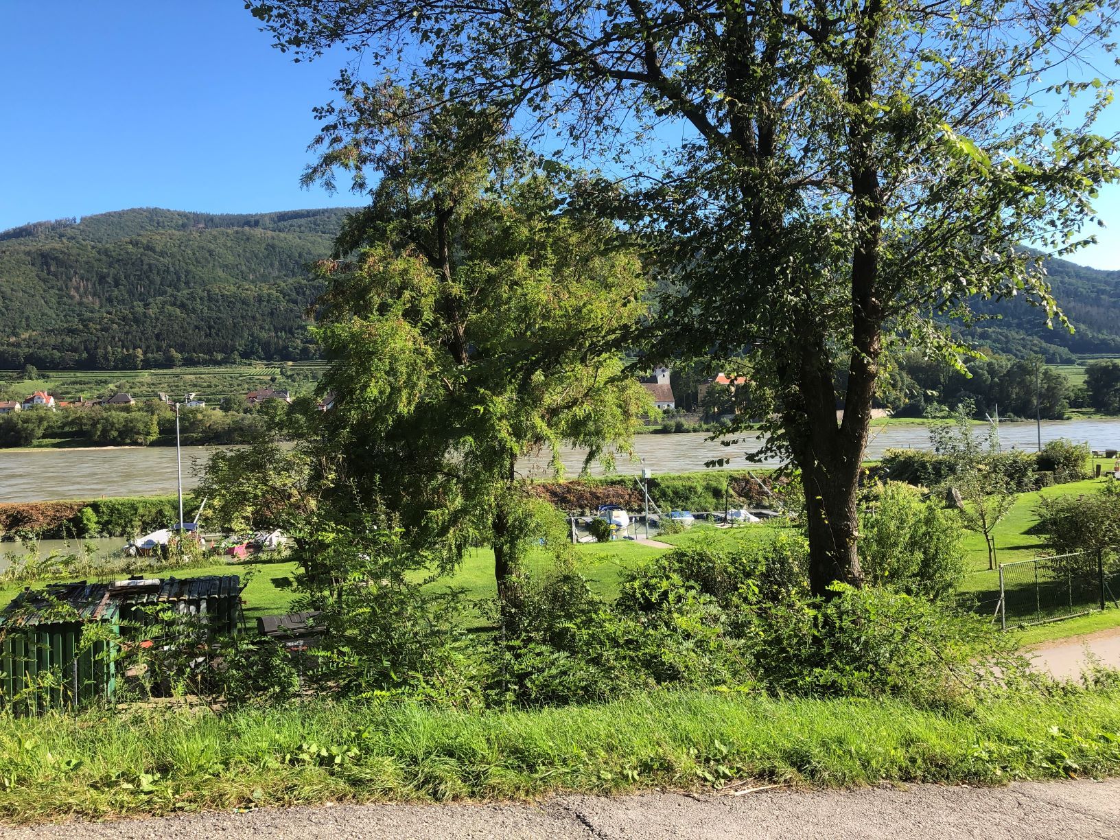 Landschaft mit Donau, Bäumen und Booten im Hintergrund.