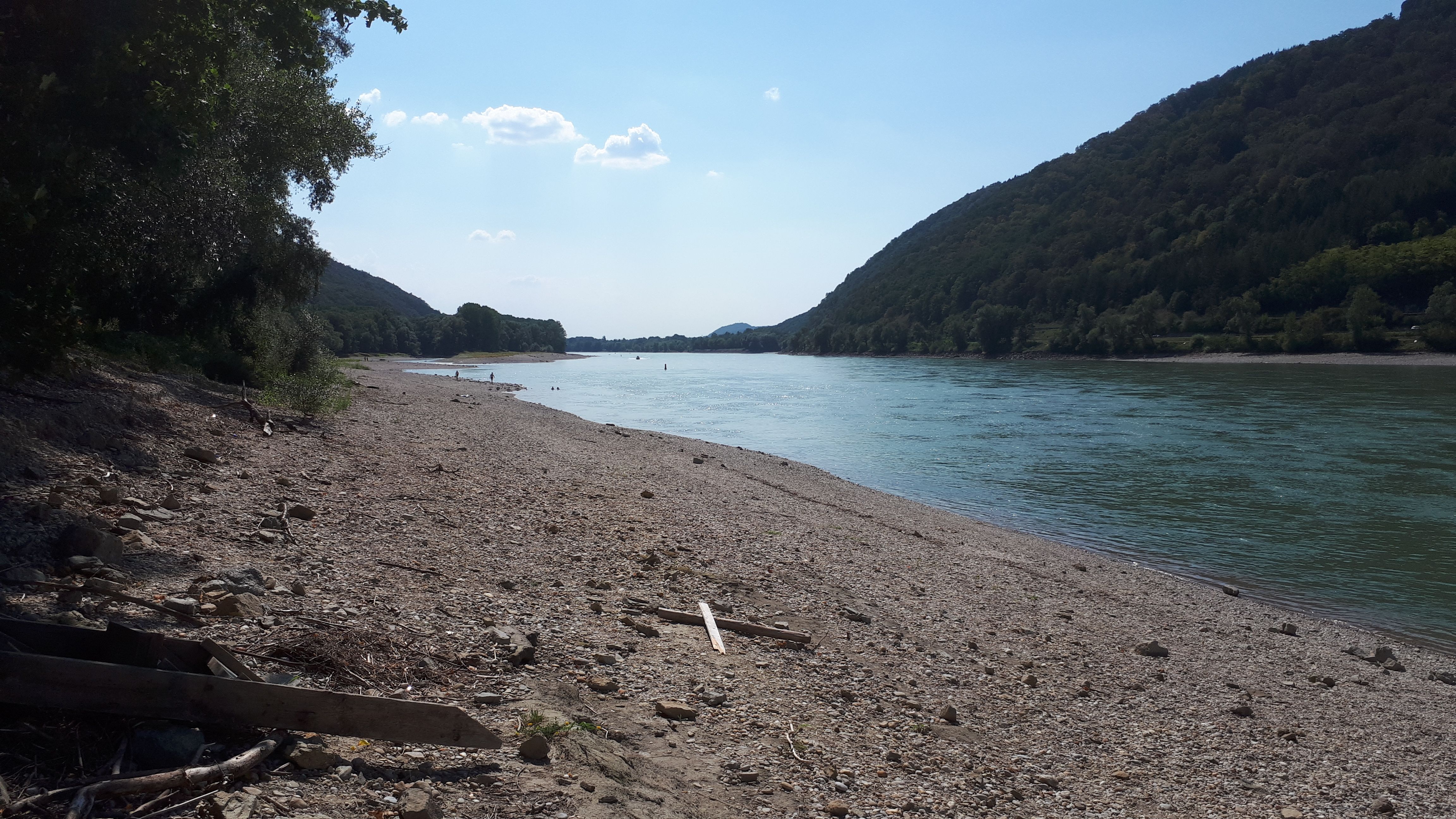 Kiesstrand an der Donau mit bewaldeten Hügeln im Hintergrund.