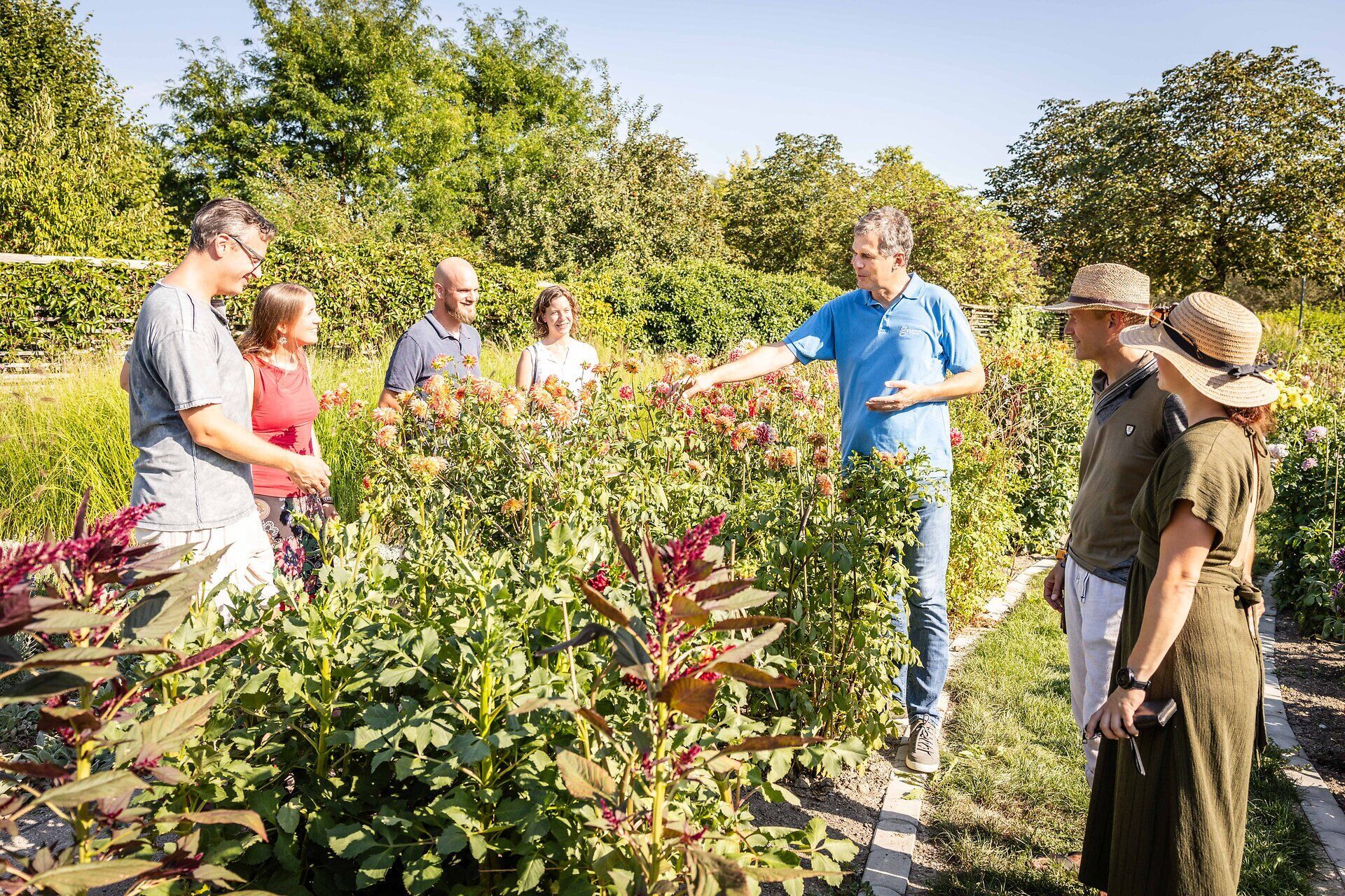 Top Ausflugsziel GARTEN TULLN. Sechs Erwachsene lauschen einer Führung durch die Schaugärten, alle sind interessiert, fröhlich und genießen den sonnigen Tag.