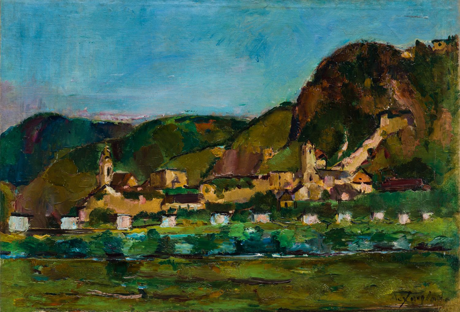 Gemälde von Anton Faistauer, das Dürnstein in einer hügeligen Landschaft zeigt.