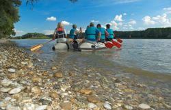 Schlauchboot mit Menschen die vom Ufer auf die Donau rudern. 