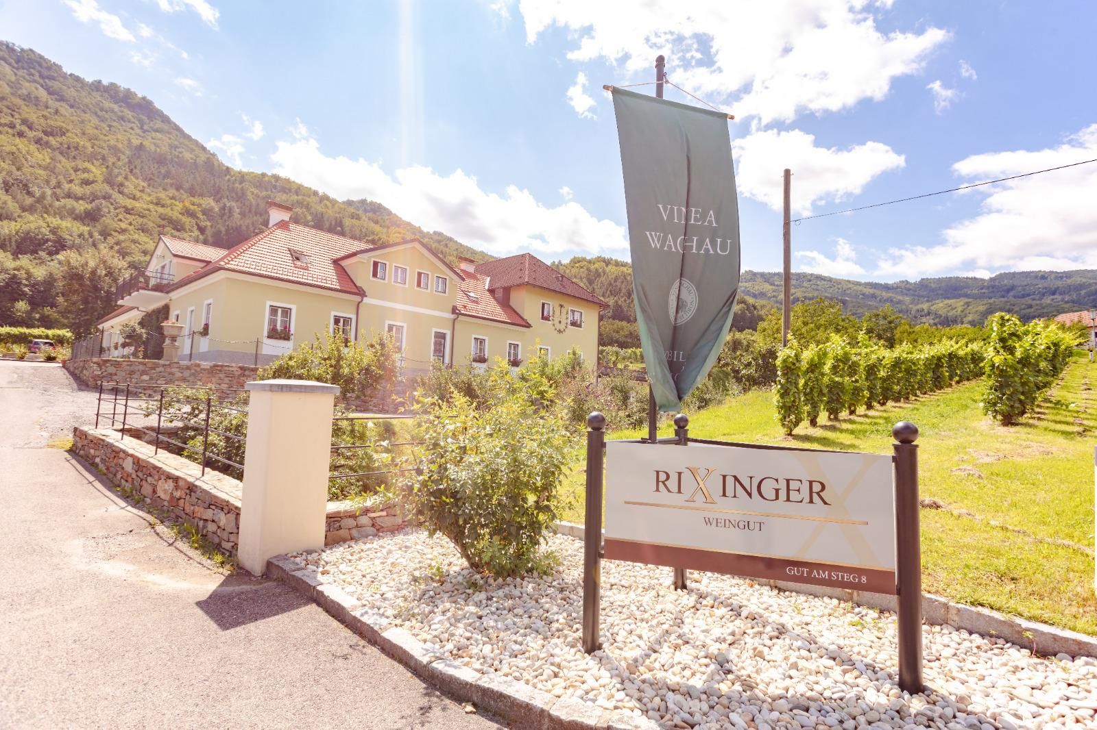 Weingut Rixinger mit Gebäude und Weinreben im Hintergrund.