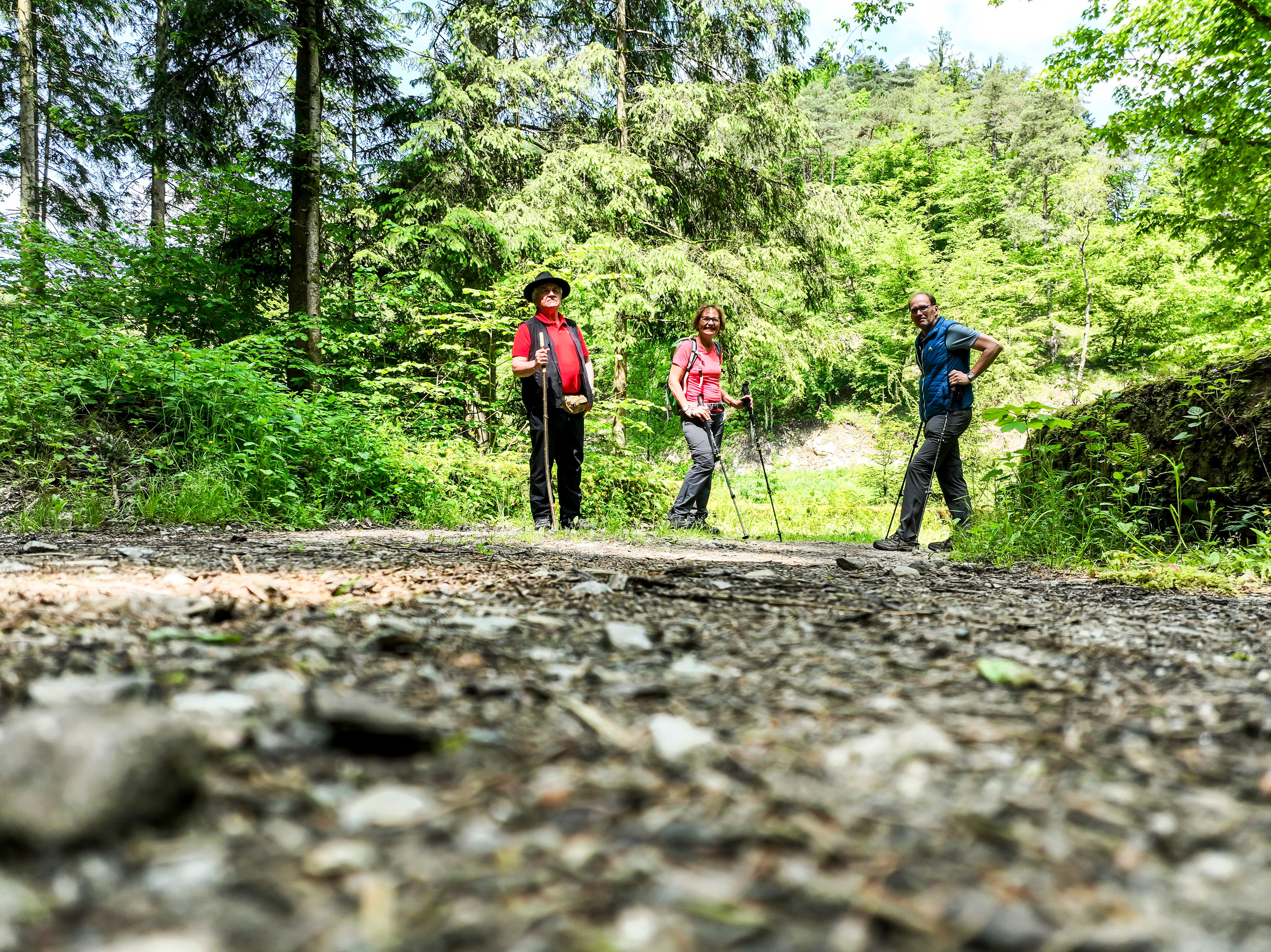 3 Wanderer auf einer der Römberbrücken im Schwarzautal