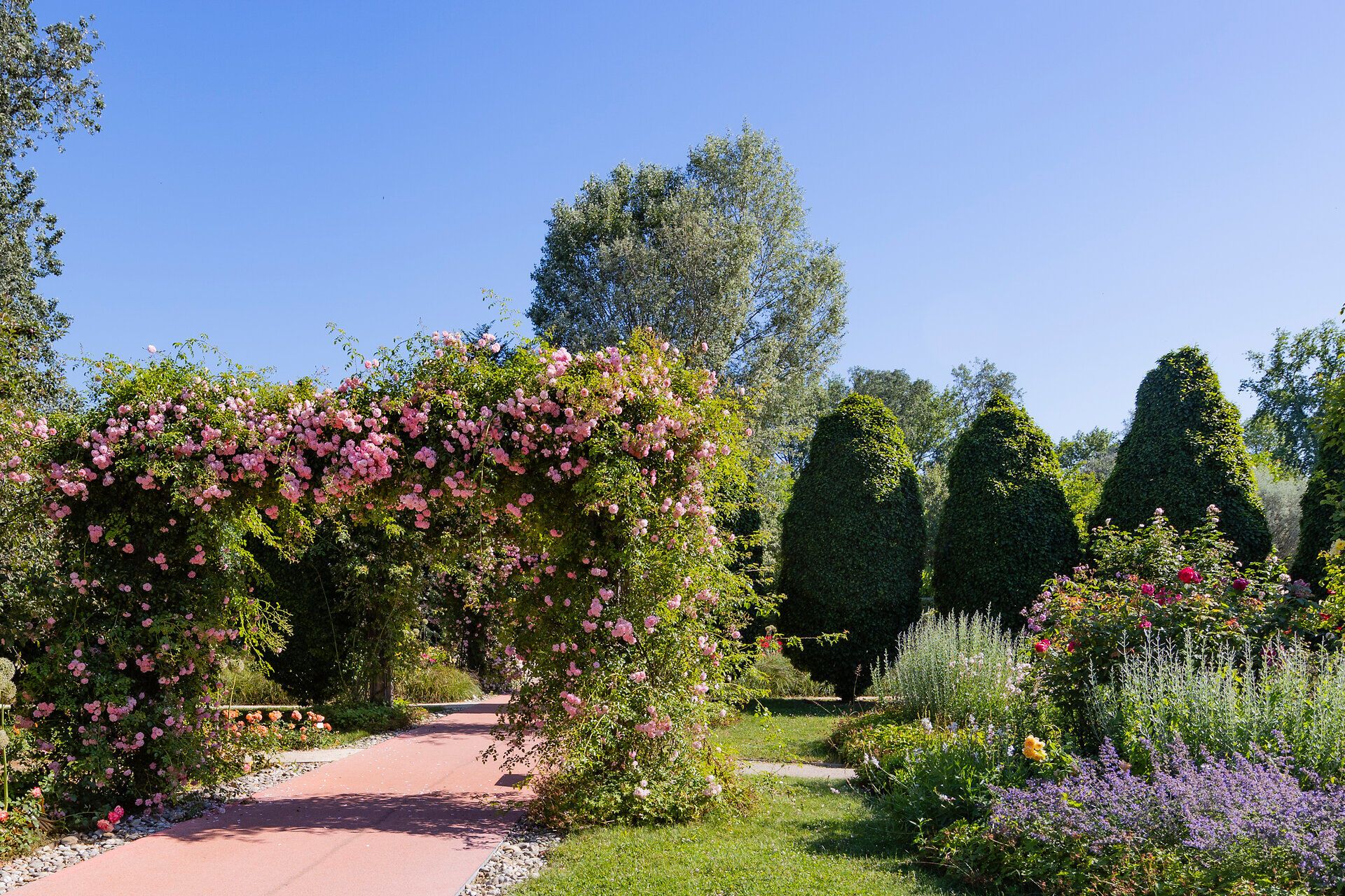 Ein malerischer Weg schlängelt sich durch ein blühendes Paradies, umgeben von üppigen Pflanzen und duftenden Blumen. Die sanften Farben der Rosen und die kunstvoll geschnittenen Hecken schaffen eine harmonische Atmosphäre, die zum Verweilen einlädt.