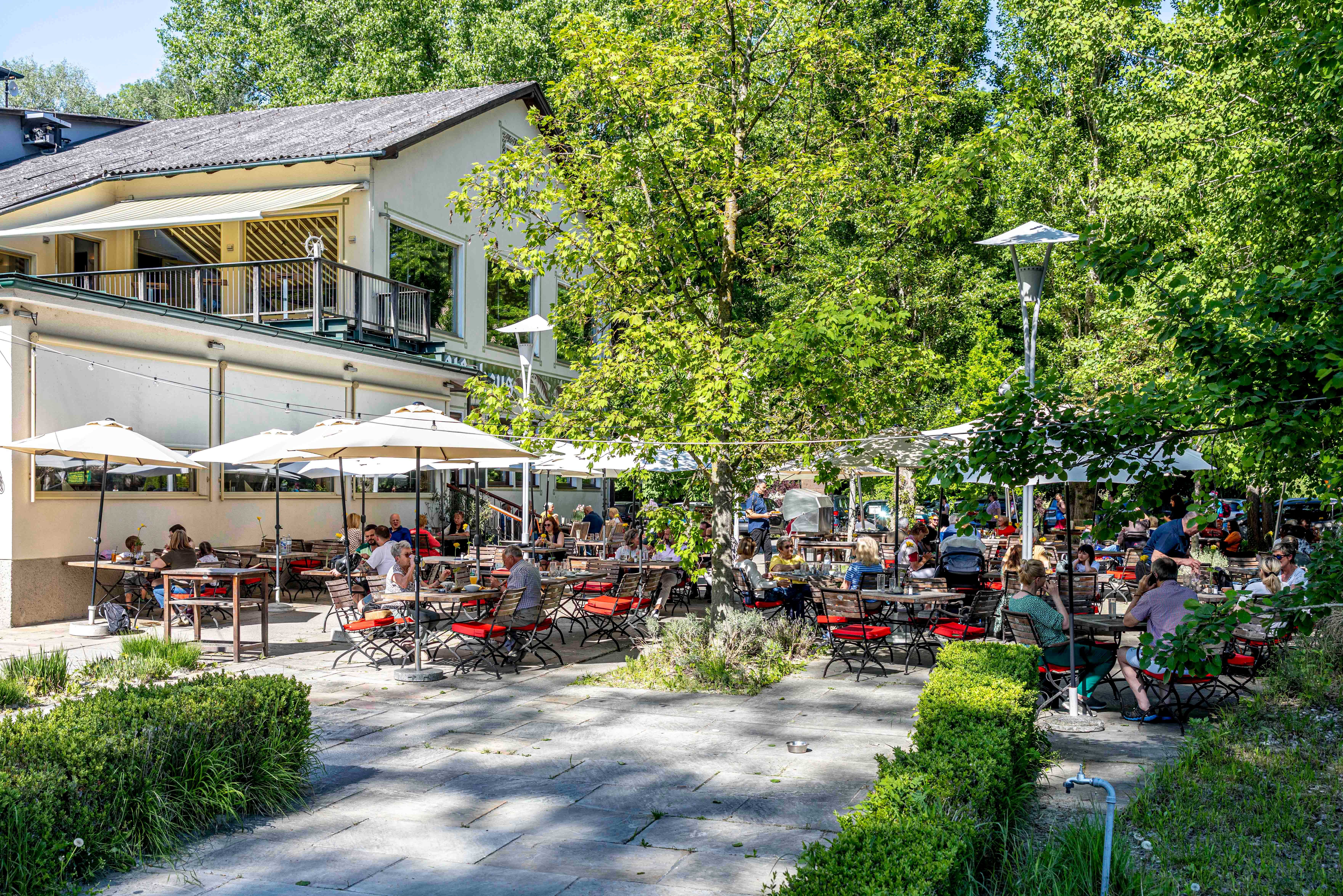 A guest garden with lots of people sitting at tables under parasols, surrounded by trees and a building in the background.