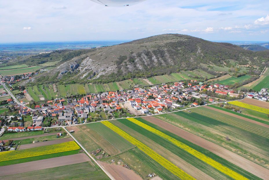 Luftbild von Hundsheim mit Feldern und Hügel im Hintergrund.