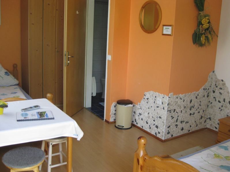 Ein gemütliches Zimmer mit Holzmöbeln, einem Tisch, Stühlen und einem offenen Badezimmer.