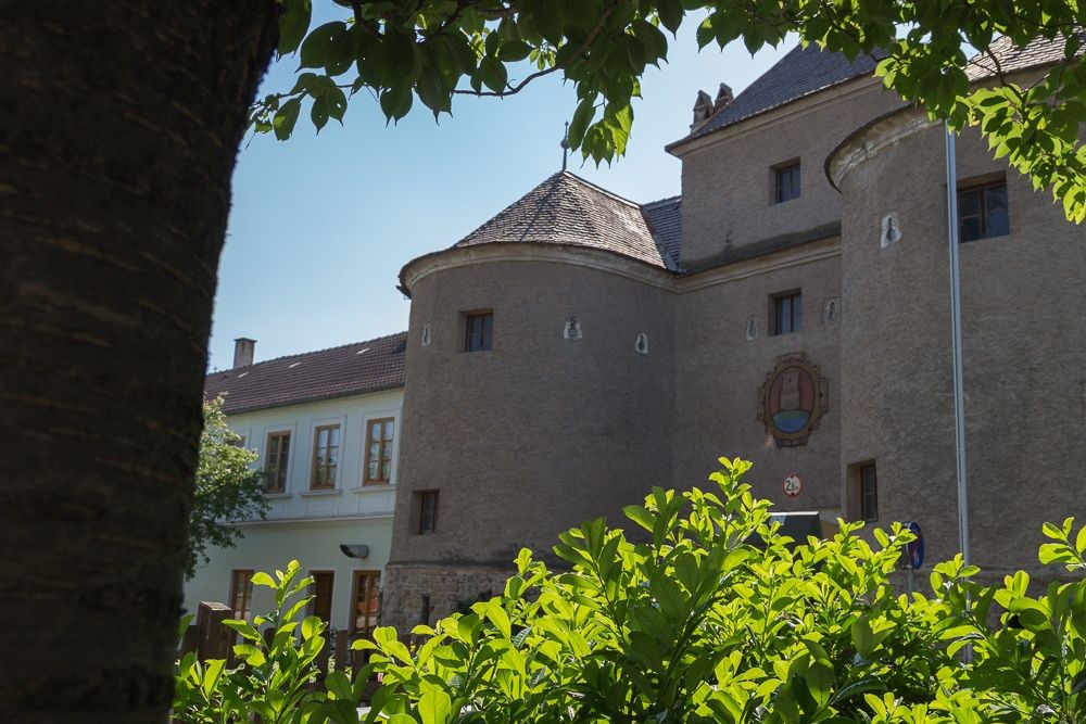 Historisches Römertor in Traismauer, umgeben von grünen Bäumen und Sträuchern.