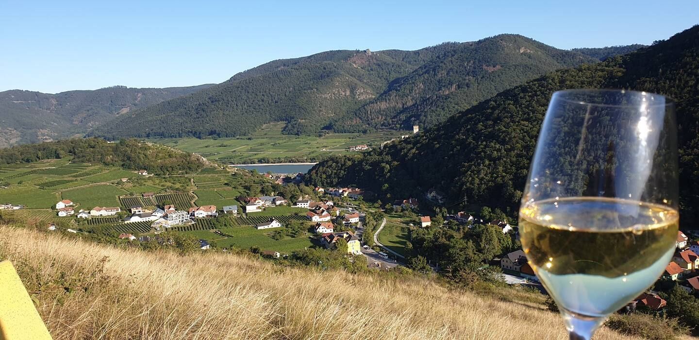Panorama mit Weinglas im Vordergrund, Blick auf ein Tal mit Dörfern und Weinbergen, umgeben von bewaldeten Hügeln.