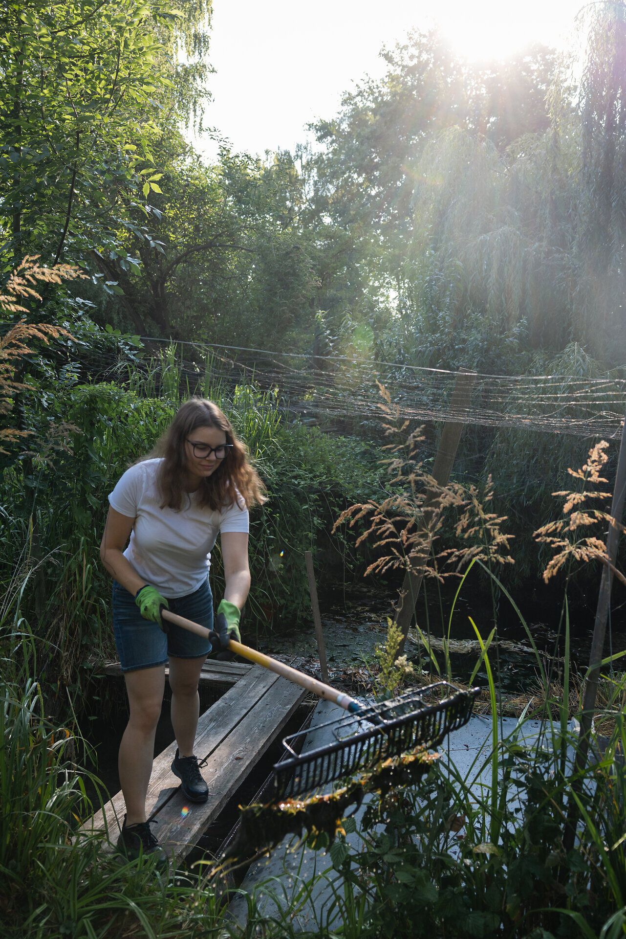 Eine junge Frau reinigt mit einem Rechen einen kleinen Teich inmitten dichter, grüner Vegetation.