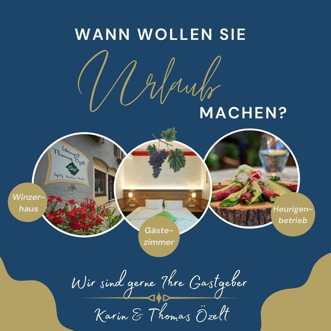 Werbung für Urlaub in der Wachau mit Bildern von Winzerhaus, Gästezimmer und Heurigenbetrieb.