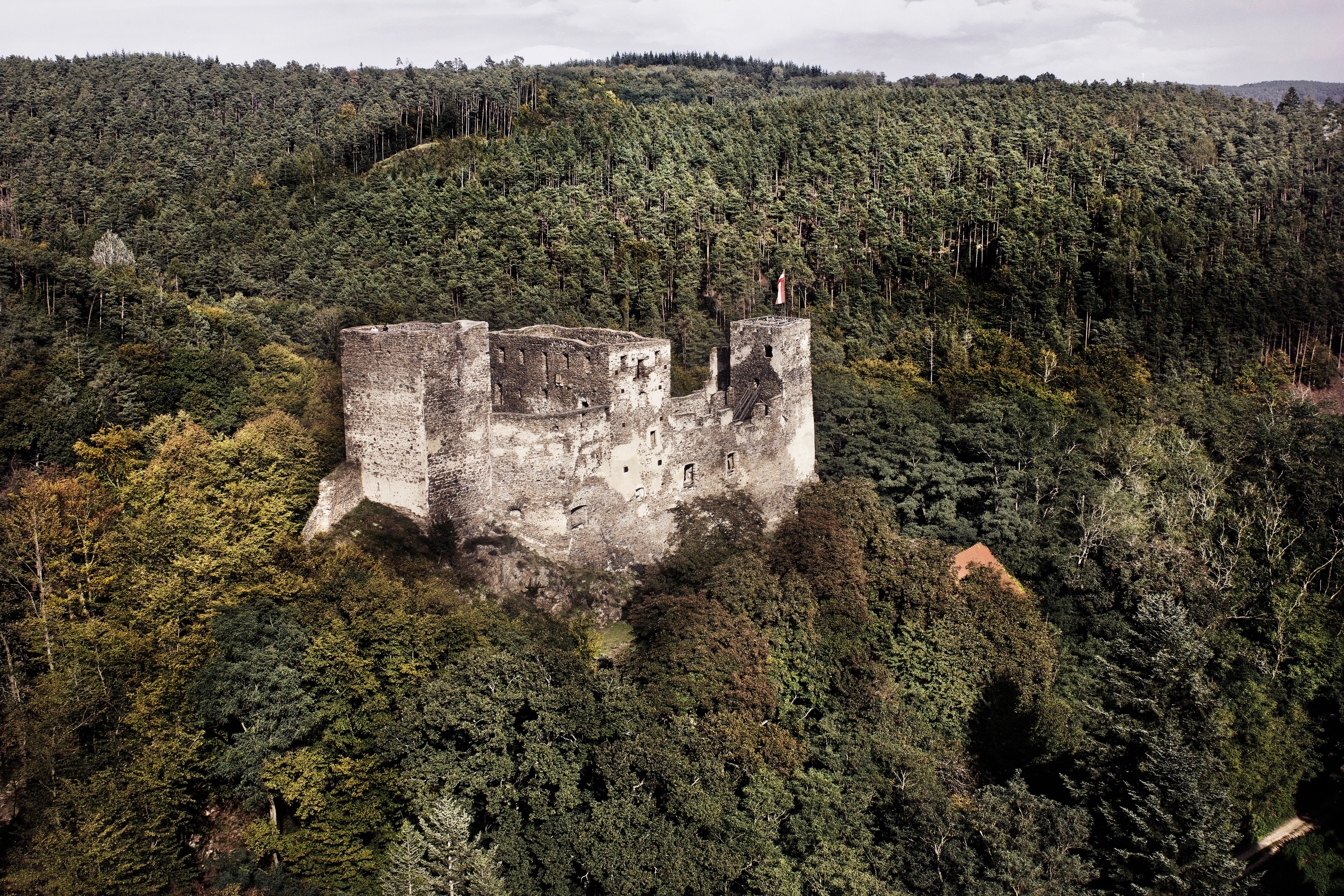 Luftaufnahme der Ruine Kronsegg inmitten eines dichten Waldes.