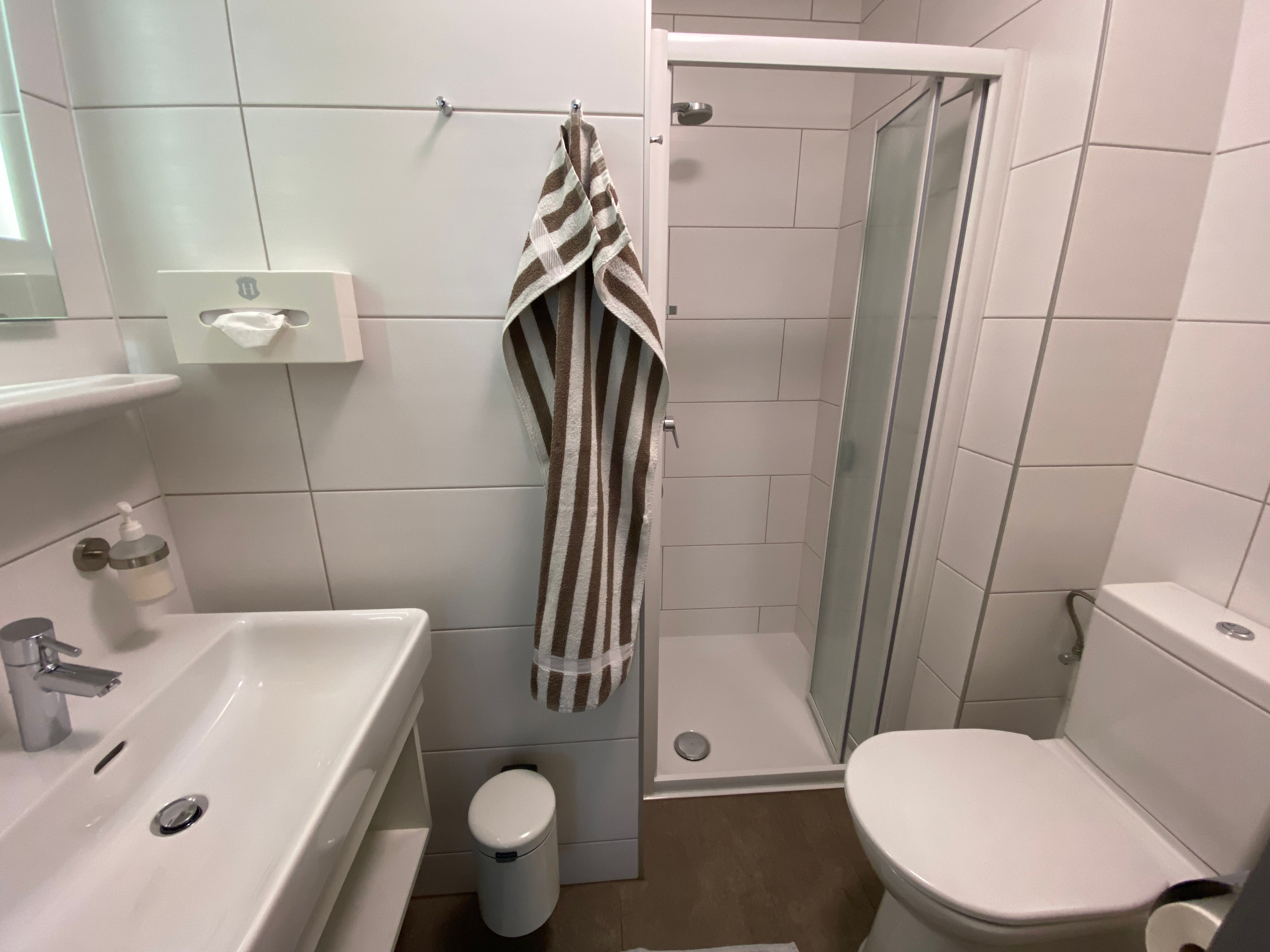Modernes Badezimmer mit Dusche, Waschbecken und Toilette.