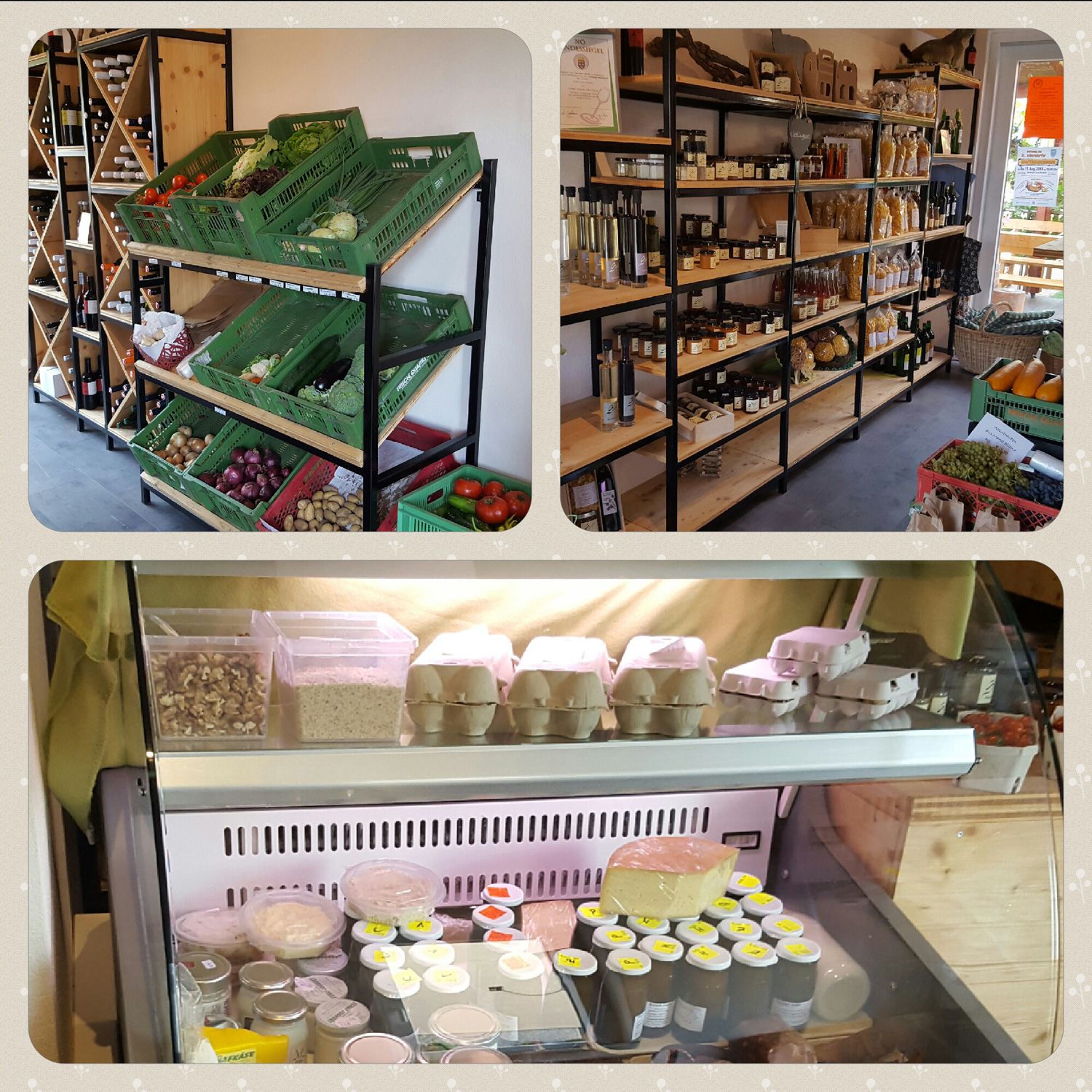 Innenansicht eines Hofladens mit Regalen voller Gemüse, Marmeladen, Eiern und Milchprodukten.