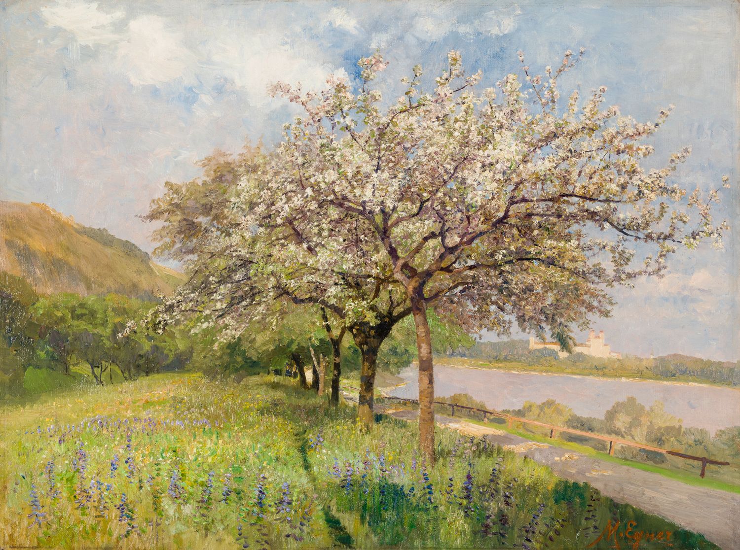 Maria Egner, Frühling an der Donau mit Blick gegen Stift Melk, Öl auf Leinwand, 1904/06 
