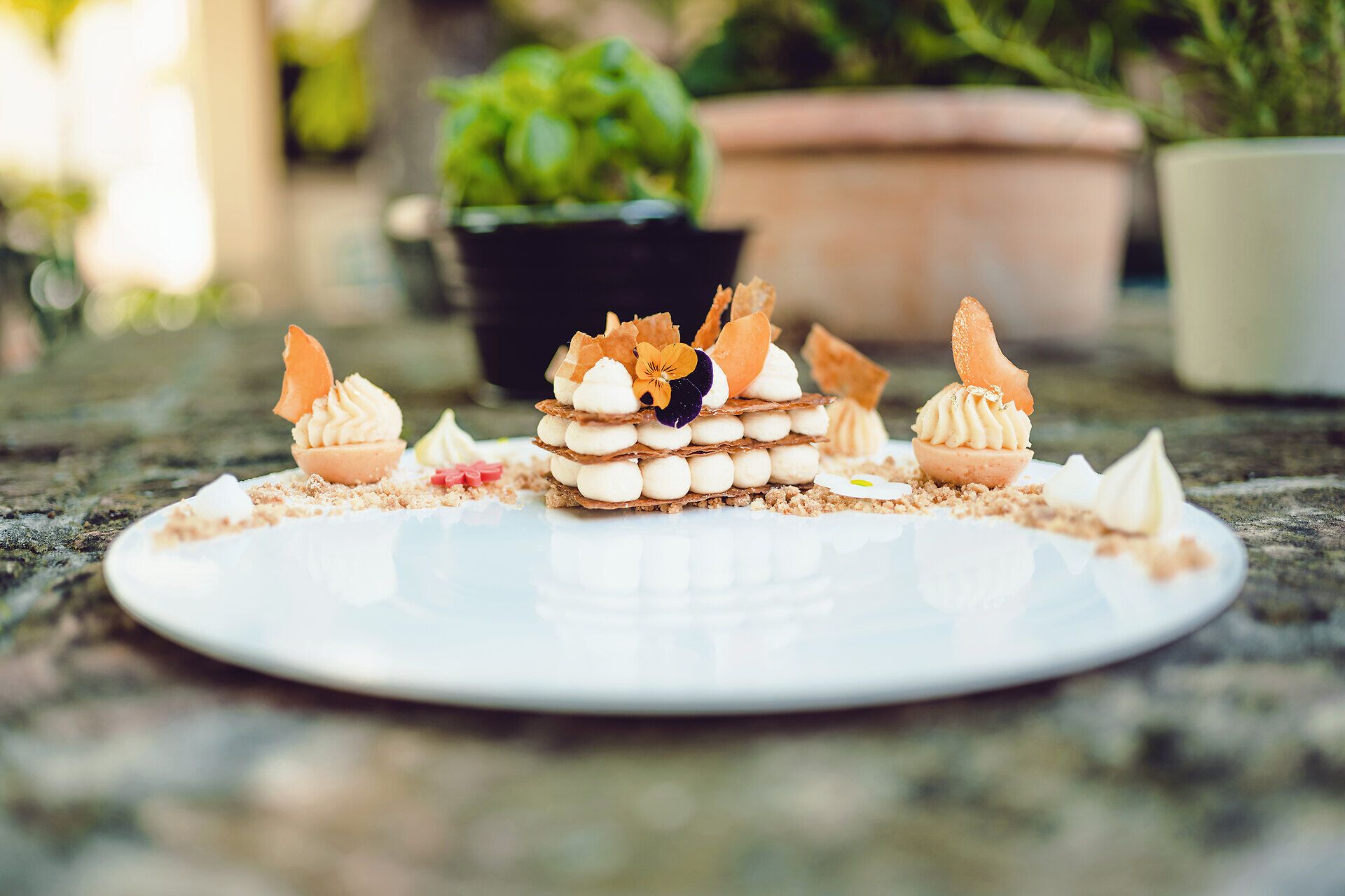 Süßspeise auf einem weißen Teller kunstvoll angerichtet.