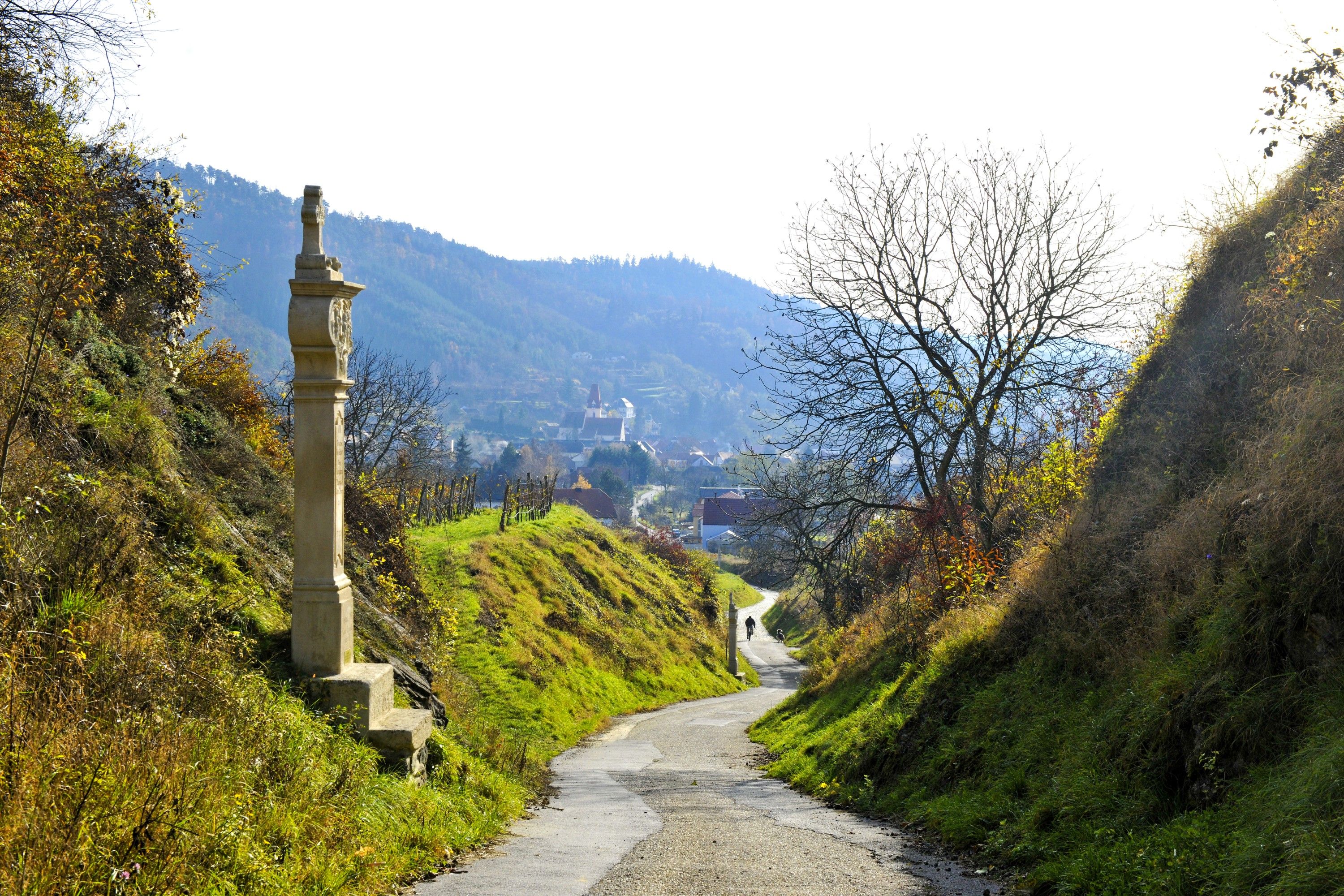 Ein schmaler Weg führt durch eine hügelige Landschaft mit einem steinernen Denkmal und kahlen Bäumen im Naturpark Kamptal Schönberg.