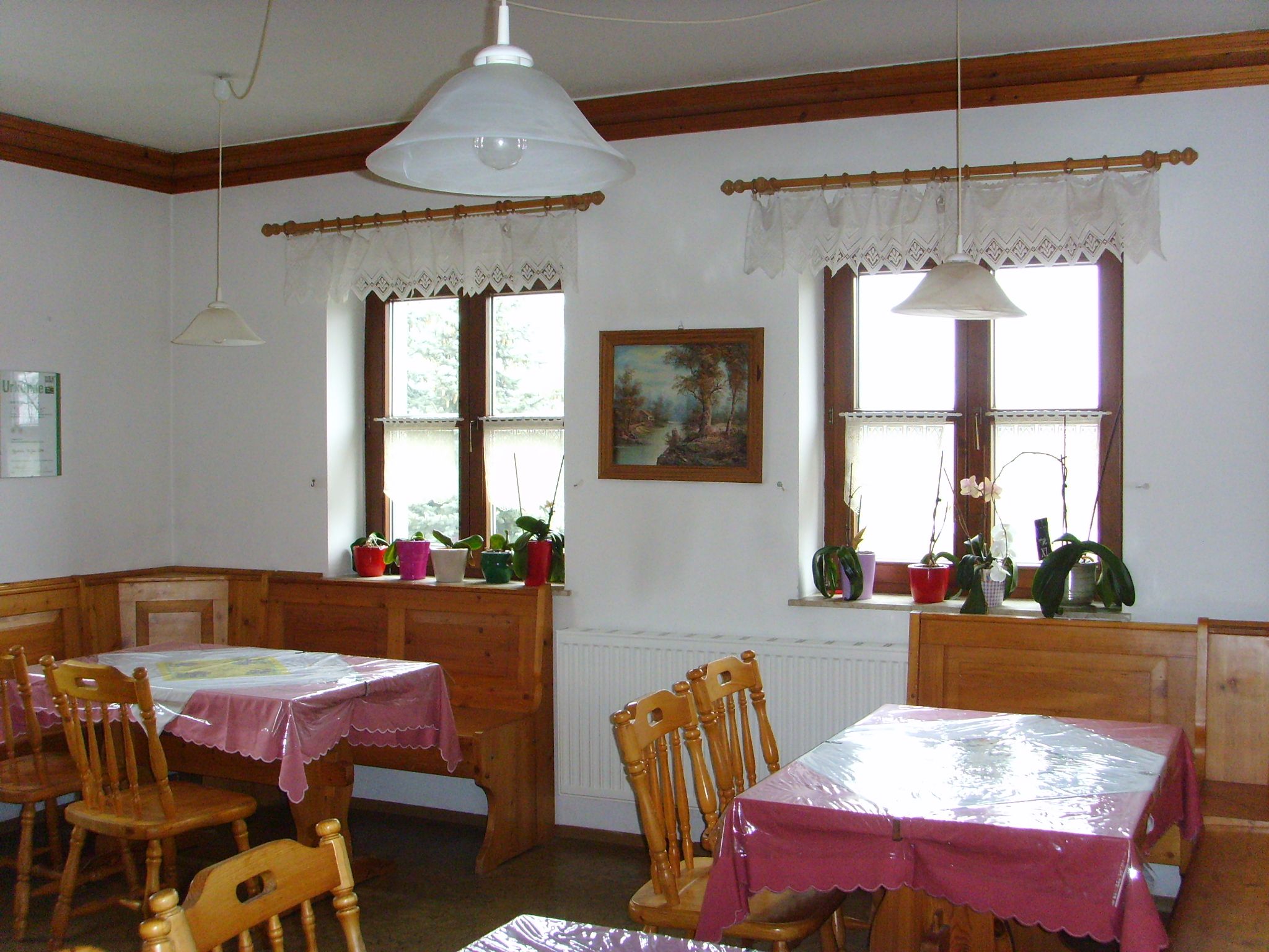 Gemütlicher Raum mit Holzmöbeln, Tischdecken und Pflanzen auf der Fensterbank.