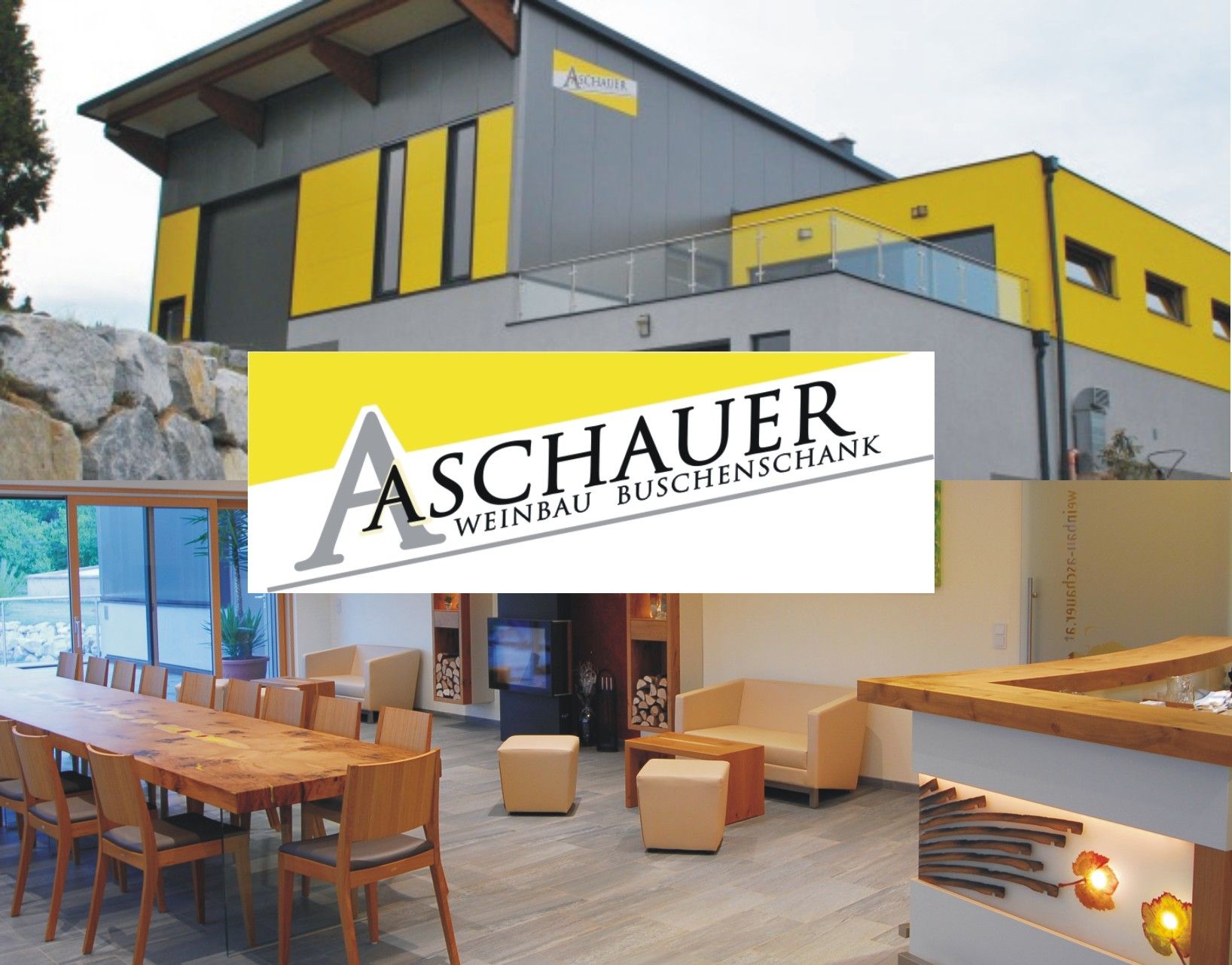 Modernes Gebäude mit gelben und grauen Fassaden, Innenansicht eines stilvollen Raums mit Holzmöbeln, Logo von Aschauer Weinbau Buschenkschank.
