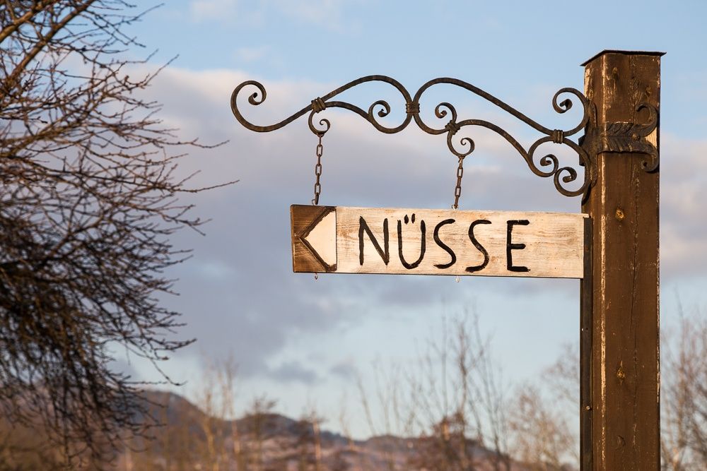Ein Holzschild mit der Aufschrift 'Nüsse' zeigt nach links. Im Hintergrund sind kahle Bäume und ein blauer Himmel zu sehen.