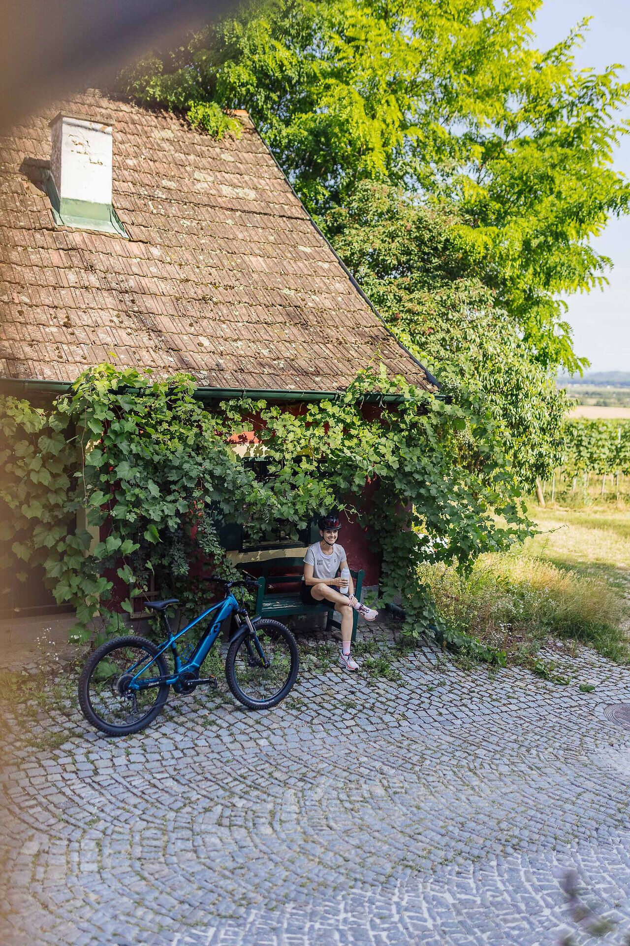 Ein Radfahrer sitzt auf einer Bank vor einem Häuschen, das mit Weinreben umwachsen ist.