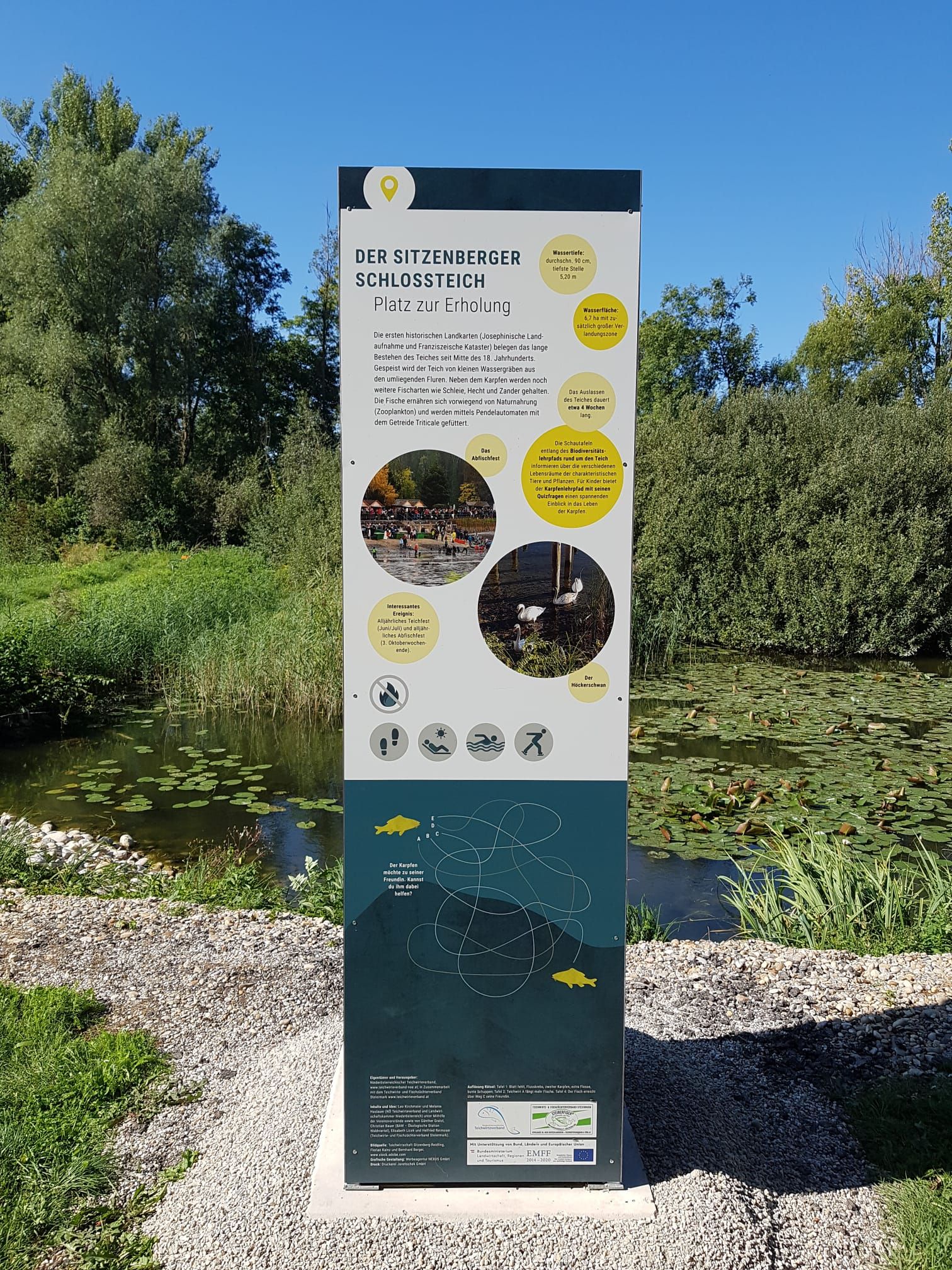 Informationsschild am Sitzenberger Schlossteich mit Text und Bildern, umgeben von Natur und Teich.
