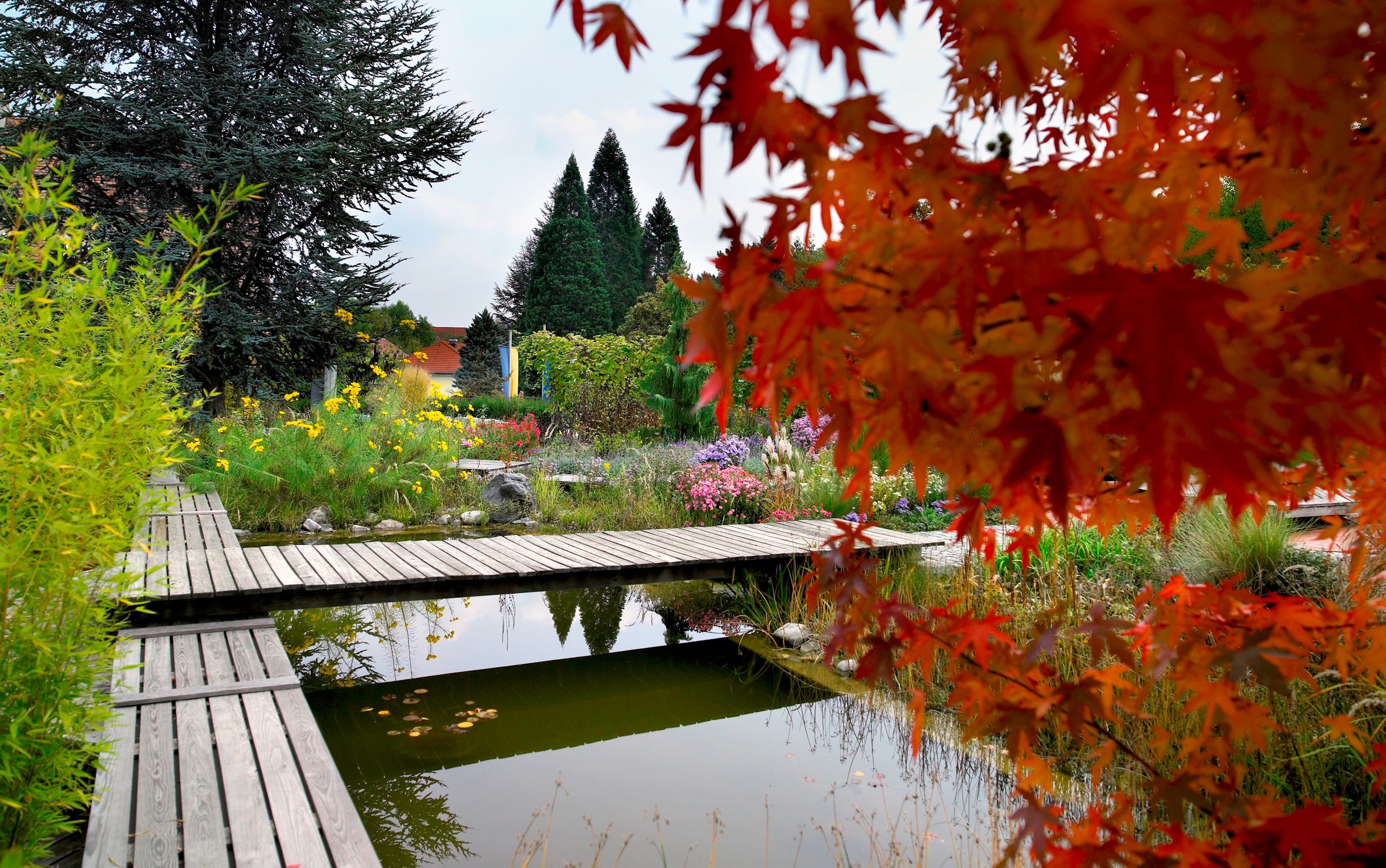A garden with wooden walkways over a pond, surrounded by colorful flowers and trees in autumn leaves.