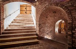 Der Gewölbekeller der Winzer Krems mit Treppen und einem Rundbogen aus roten Ziegelsteinen.
