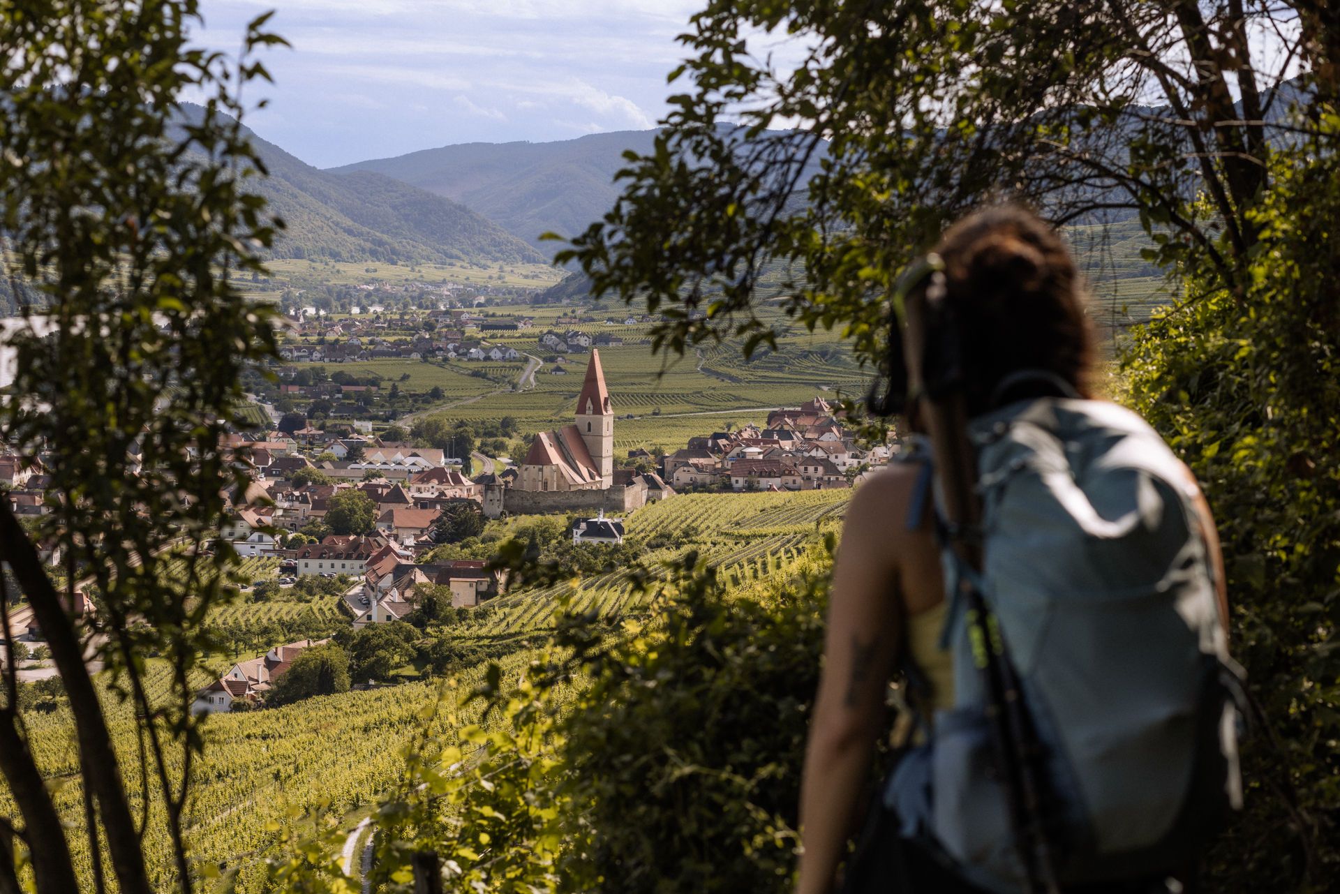 A hiker looks out over Weißenkirchen