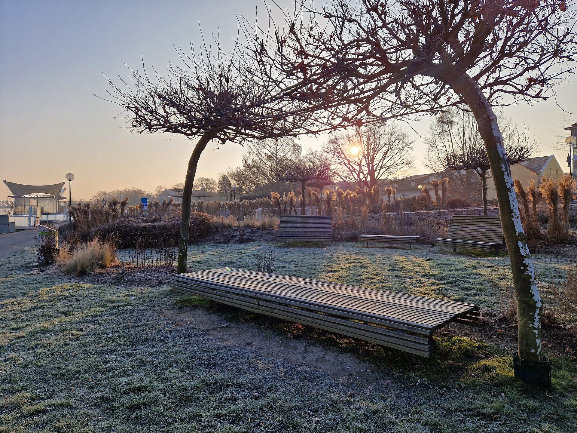 In der sanften Morgenstimmung erstrahlt der Park in warmen Farben, während die Sonne langsam über dem Horizont aufgeht. Die kühlen, mit Raureif bedeckten Wiesen laden zu einem entspannten Spaziergang ein, während die geschwungenen Bänke zum Verweilen einladen und die Natur in ihrer vollen Pracht genießen lassen.
