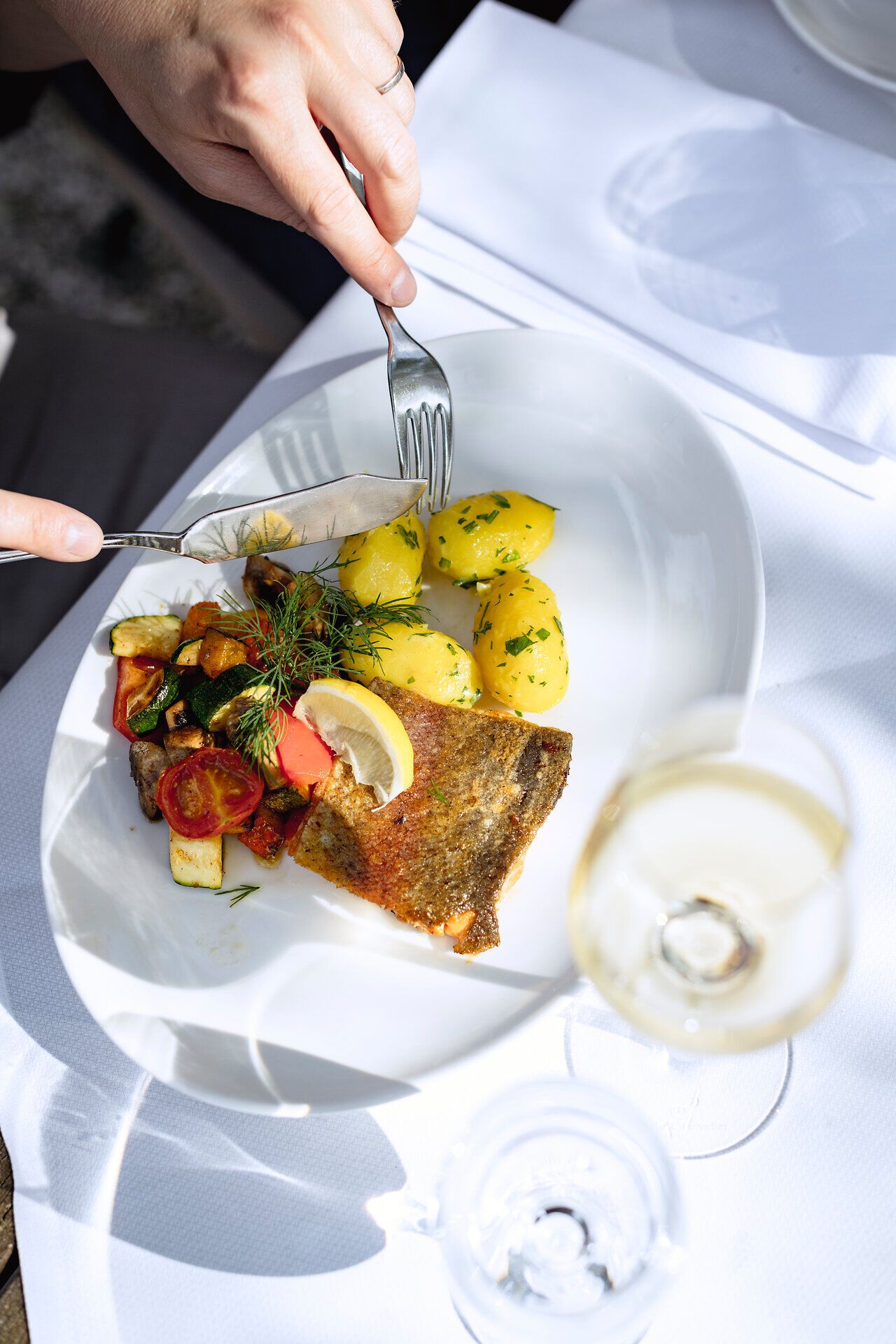 Fischgericht und Kartoffeln auf einem weißen Teller. 