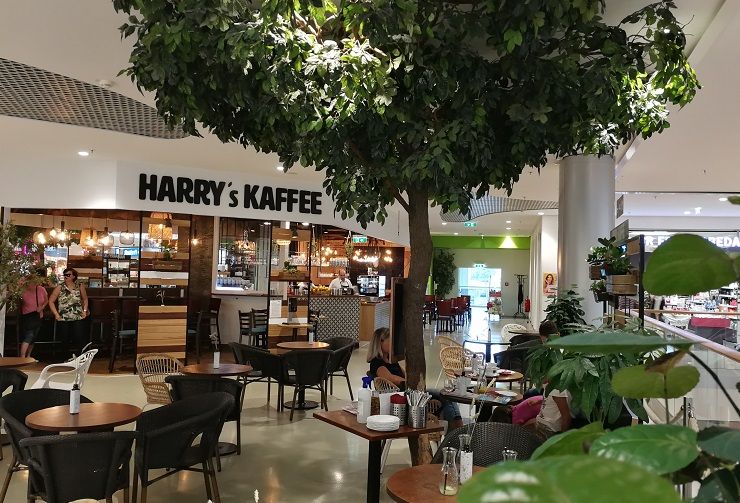 Innenansicht eines Cafés namens Harry's Kaffee mit Tischen, Stühlen und einem großen künstlichen Baum.