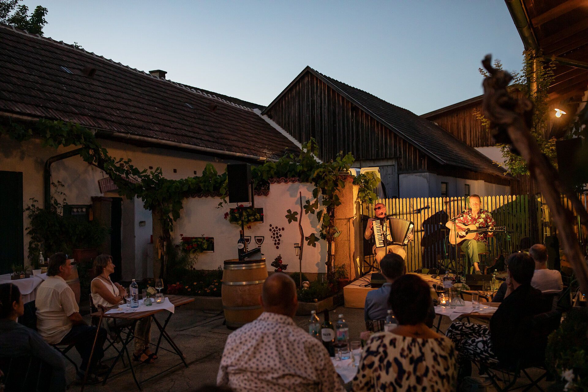 In einer malerischen Kulisse genießen die Gäste einen unvergesslichen Abend mit Live-Musik und köstlichen Weinen. Die sanften Klänge der Gitarre und das harmonische Spiel des Akkordeons schaffen eine einladende Atmosphäre, während die untergehende Sonne die Weinreben in warmes Licht taucht.