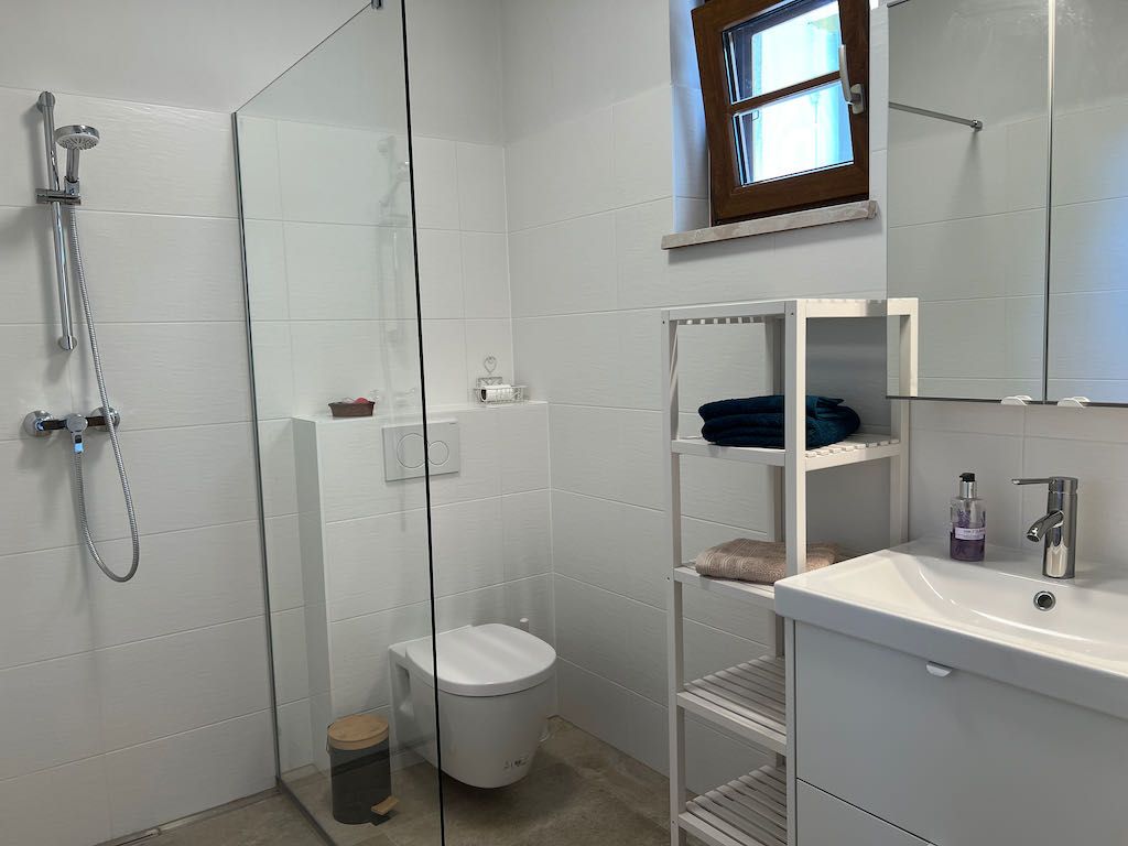 Modernes Badezimmer mit Dusche, Waschbecken und Regal.