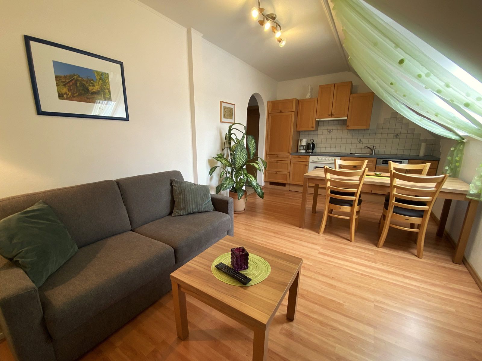 Wohnzimmer mit grauem Sofa, Holztisch, Esstisch und Küche im Hintergrund.