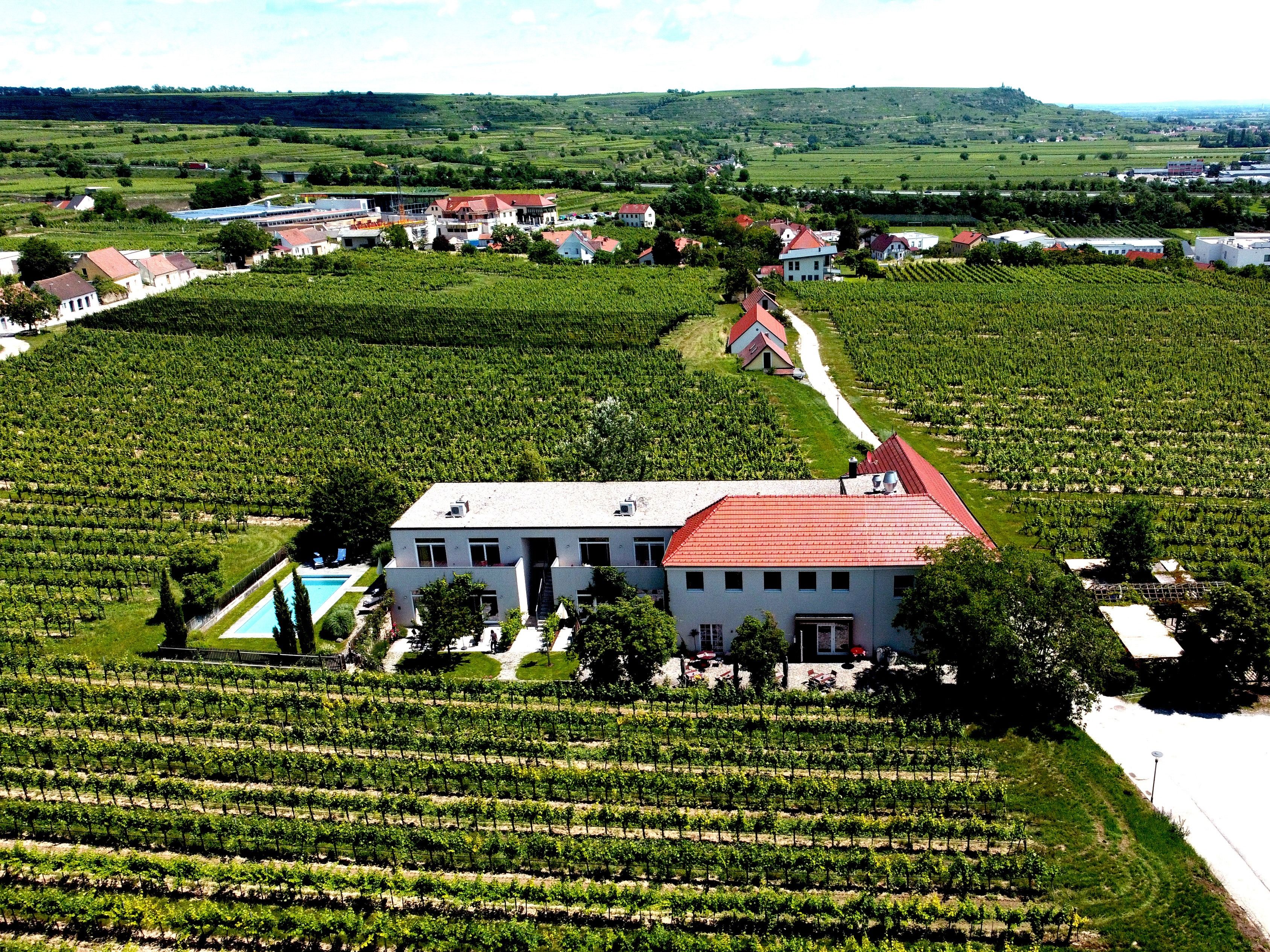 Luftaufnahme eines Gasthofs umgeben von Weingärten.