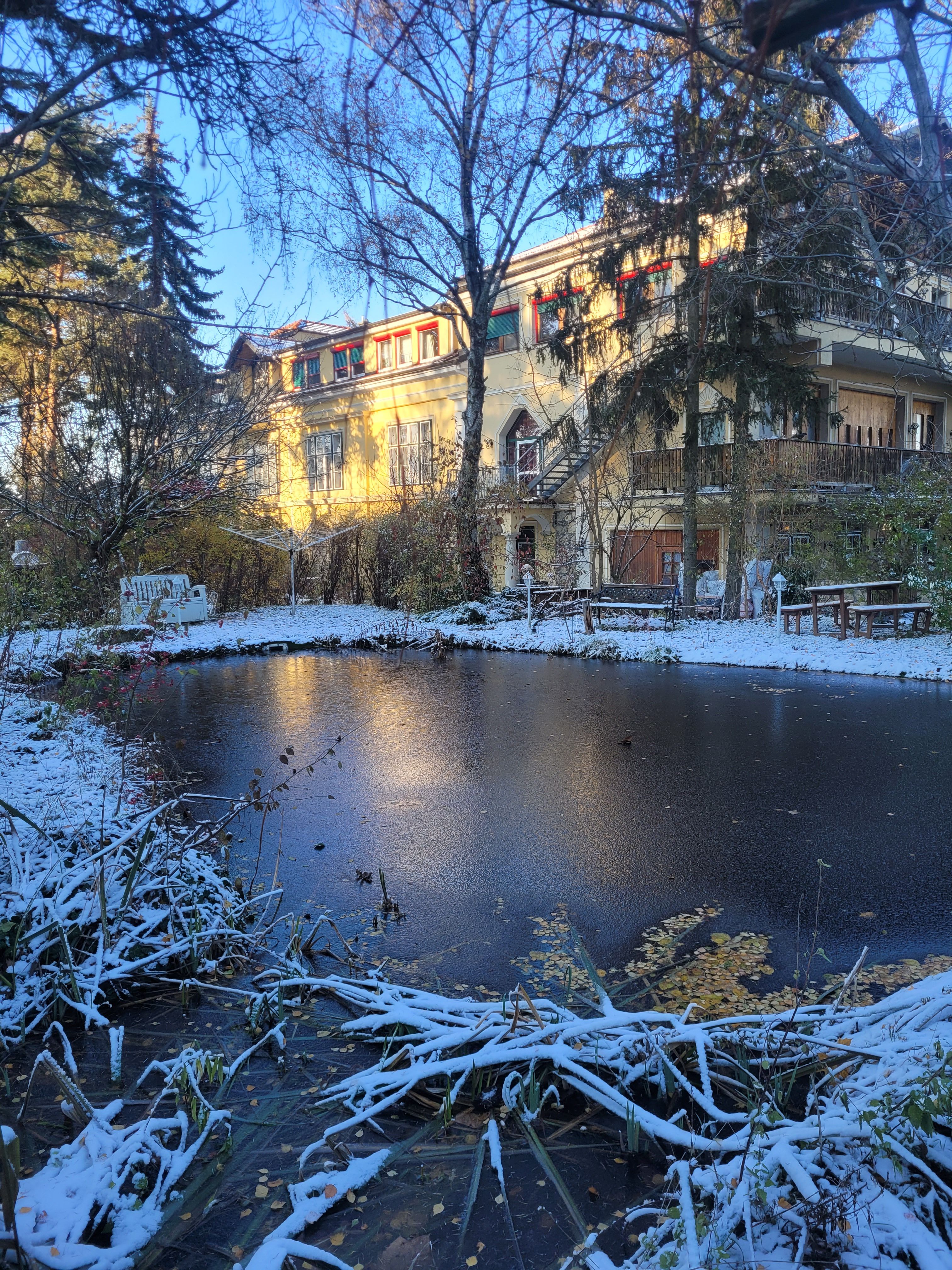  Pannonica, Wolfsthal, Gartenteich im Winter, Eis und Schnee
