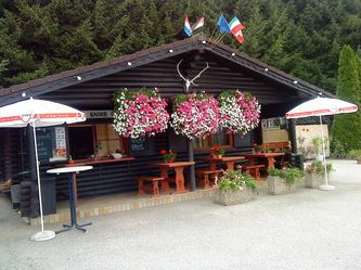 Holzhütte mit Blumen und Sonnenschirmen vor einem Wald.