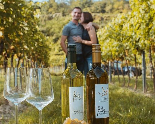 Winzerpaar der Weinmacherei Fritz im Weingarten mit Bio-Weinen und Weingläsern.